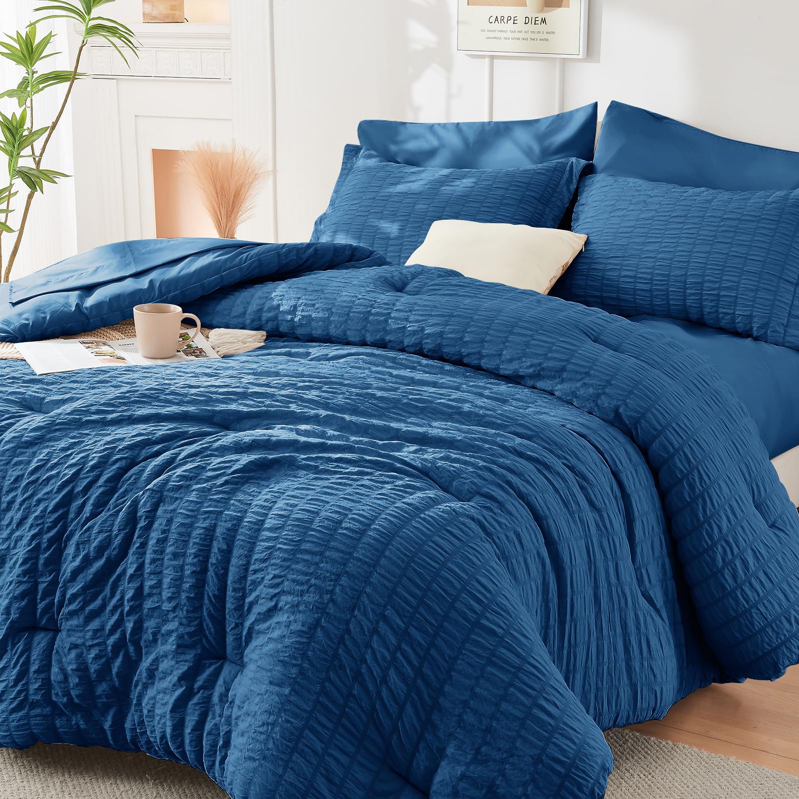 Duvet Cover Queen Size, Seersucker Bedding Set, 3 Pieces, Dark Grey