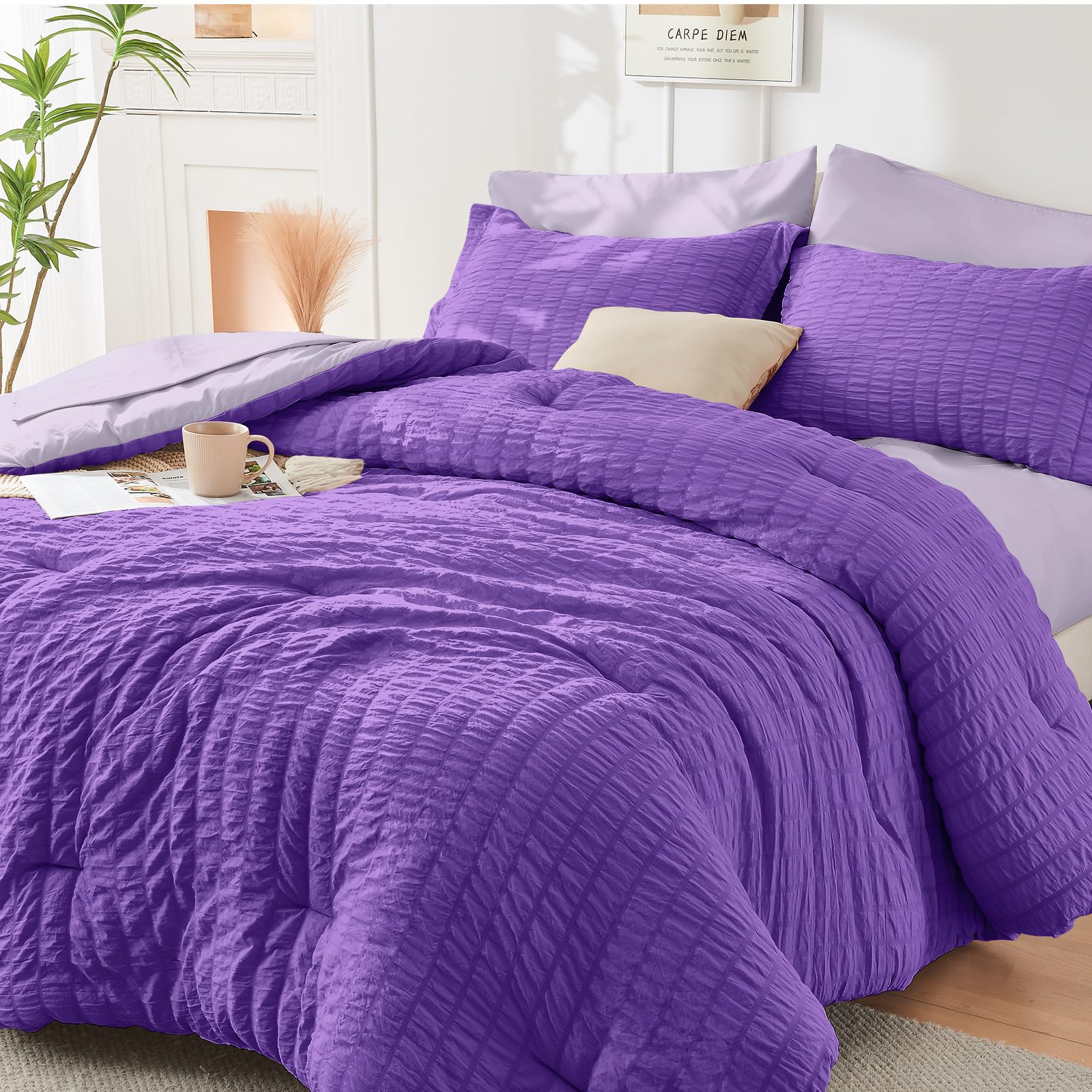 HYMOKEGE Full Size Comforter Sets Seersucker 7 Pieces, All Season Luxury Bed in a Bag for Bedroom, Bedding Set with Comforters, Sheets, Pillowcases & Shams, Dark Grey