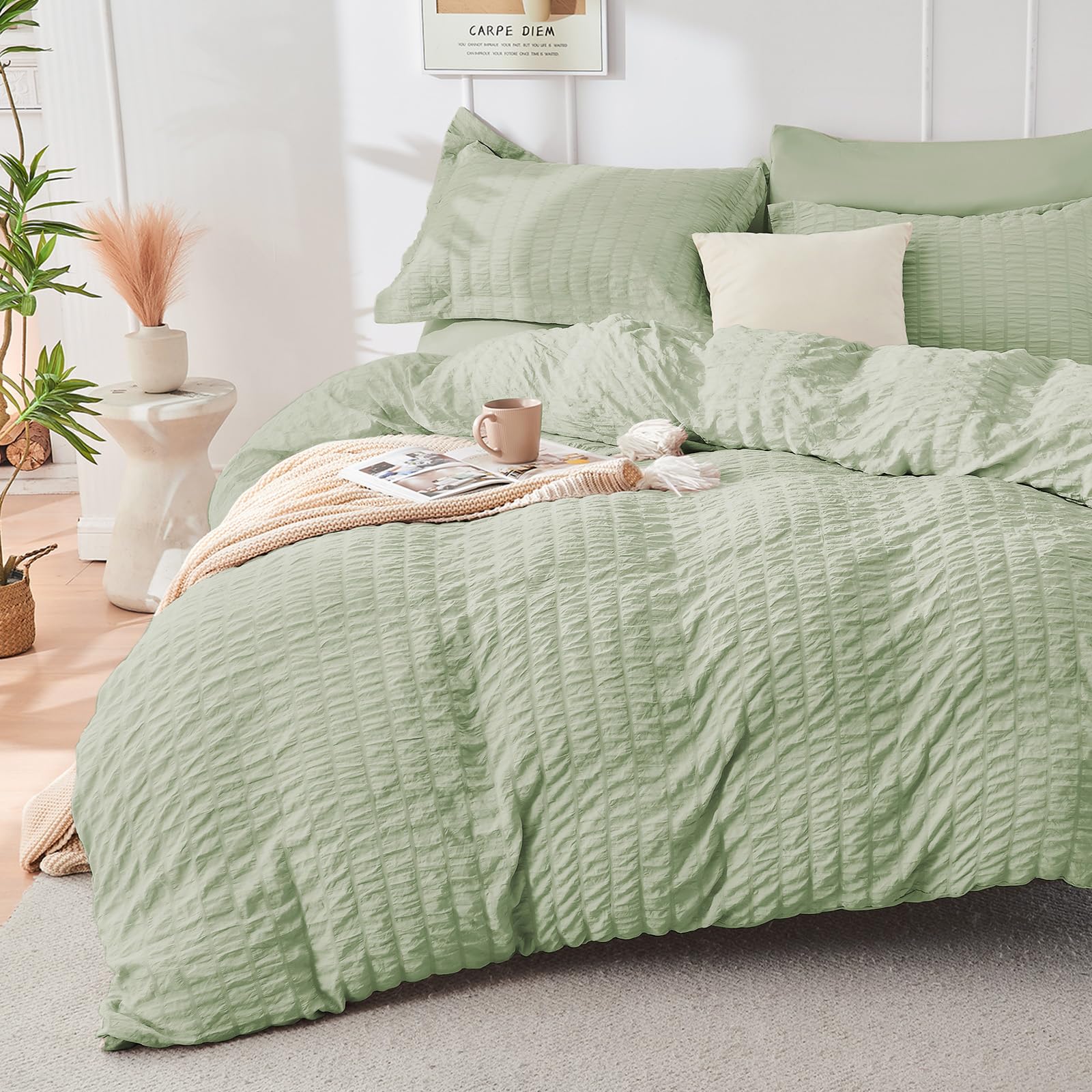 Duvet Cover Queen Size, Seersucker Bedding Set, 3 Pieces, Dark Grey