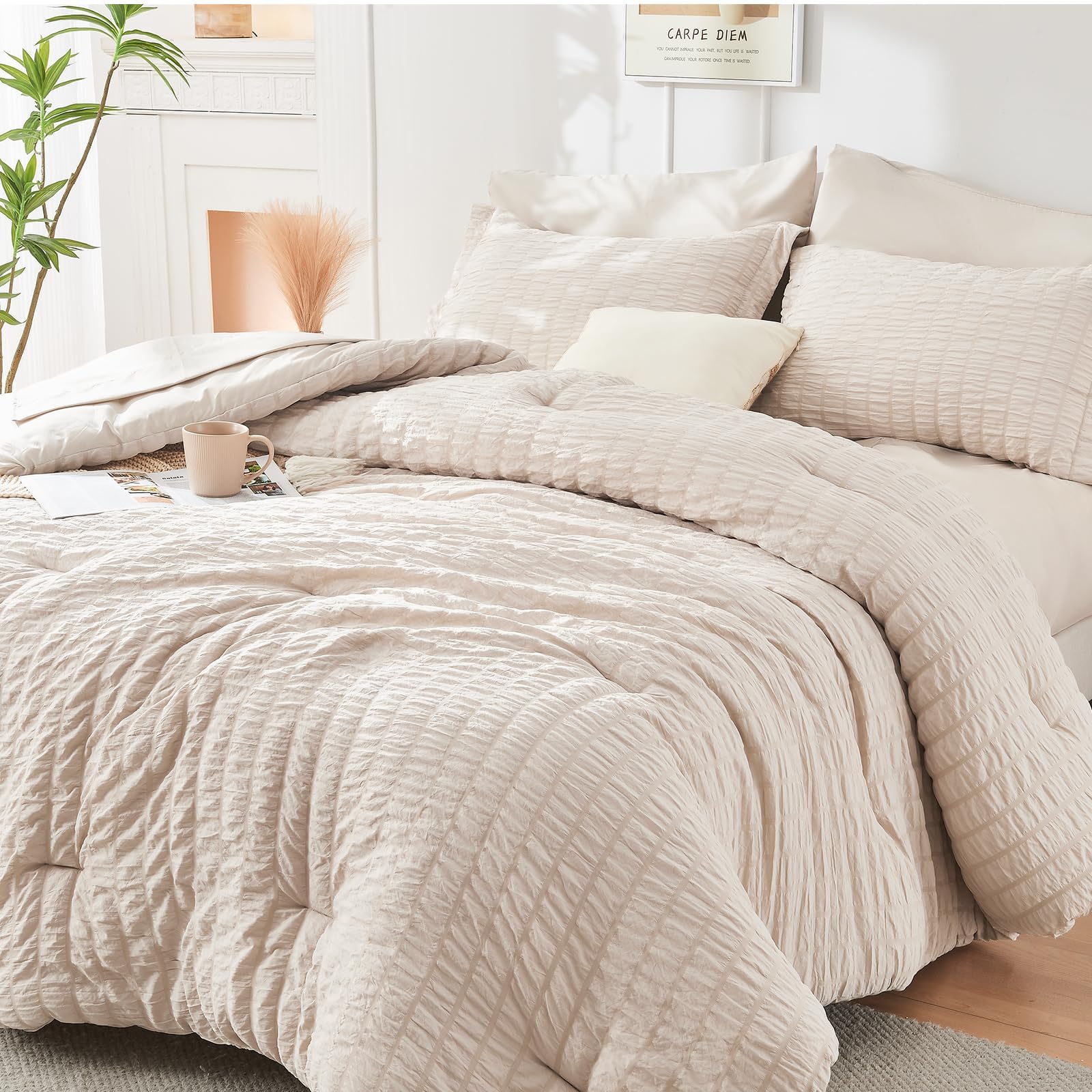 HYMOKEGE Full Size Comforter Sets Seersucker 7 Pieces, All Season Luxury Bed in a Bag for Bedroom, Bedding Set with Comforters, Sheets, Pillowcases & Shams, Dark Grey