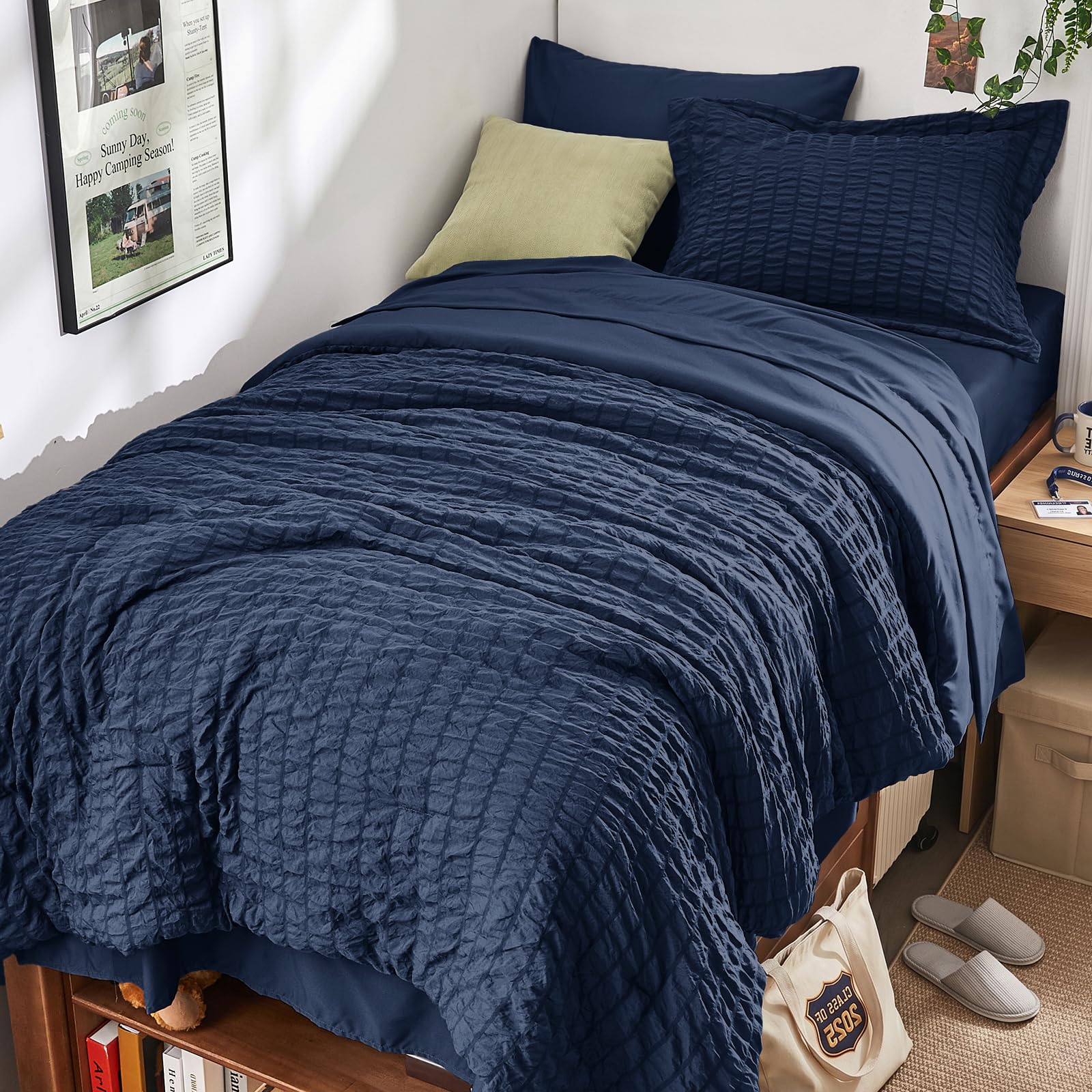HYMOKEGE Full Size Comforter Sets Seersucker 7 Pieces, All Season Luxury Bed in a Bag for Bedroom, Bedding Set with Comforters, Sheets, Pillowcases & Shams, Dark Grey