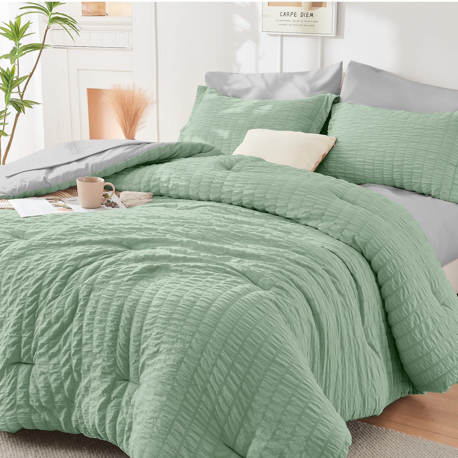 HYMOKEGE Full Size Comforter Sets Seersucker 7 Pieces, All Season Luxury Bed in a Bag for Bedroom, Bedding Set with Comforters, Sheets, Pillowcases & Shams, Dark Grey