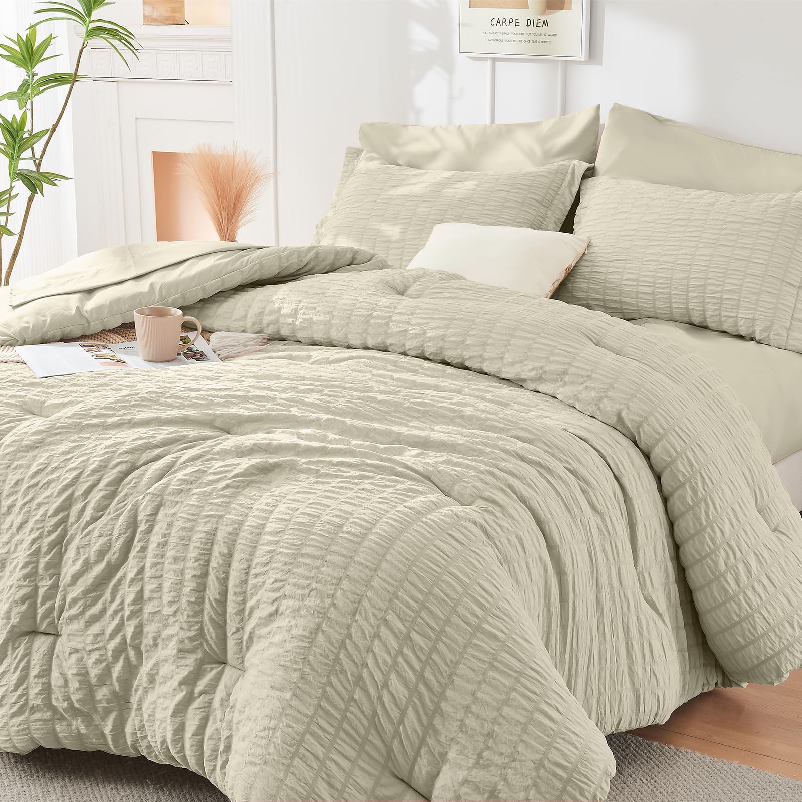 HYMOKEGE Full Size Comforter Sets Seersucker 7 Pieces, All Season Luxury Bed in a Bag for Bedroom, Bedding Set with Comforters, Sheets, Pillowcases & Shams, Dark Grey