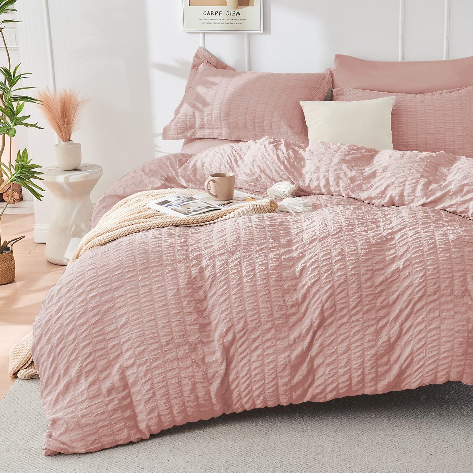Duvet Cover Queen Size, Seersucker Bedding Set, 3 Pieces, Dark Grey