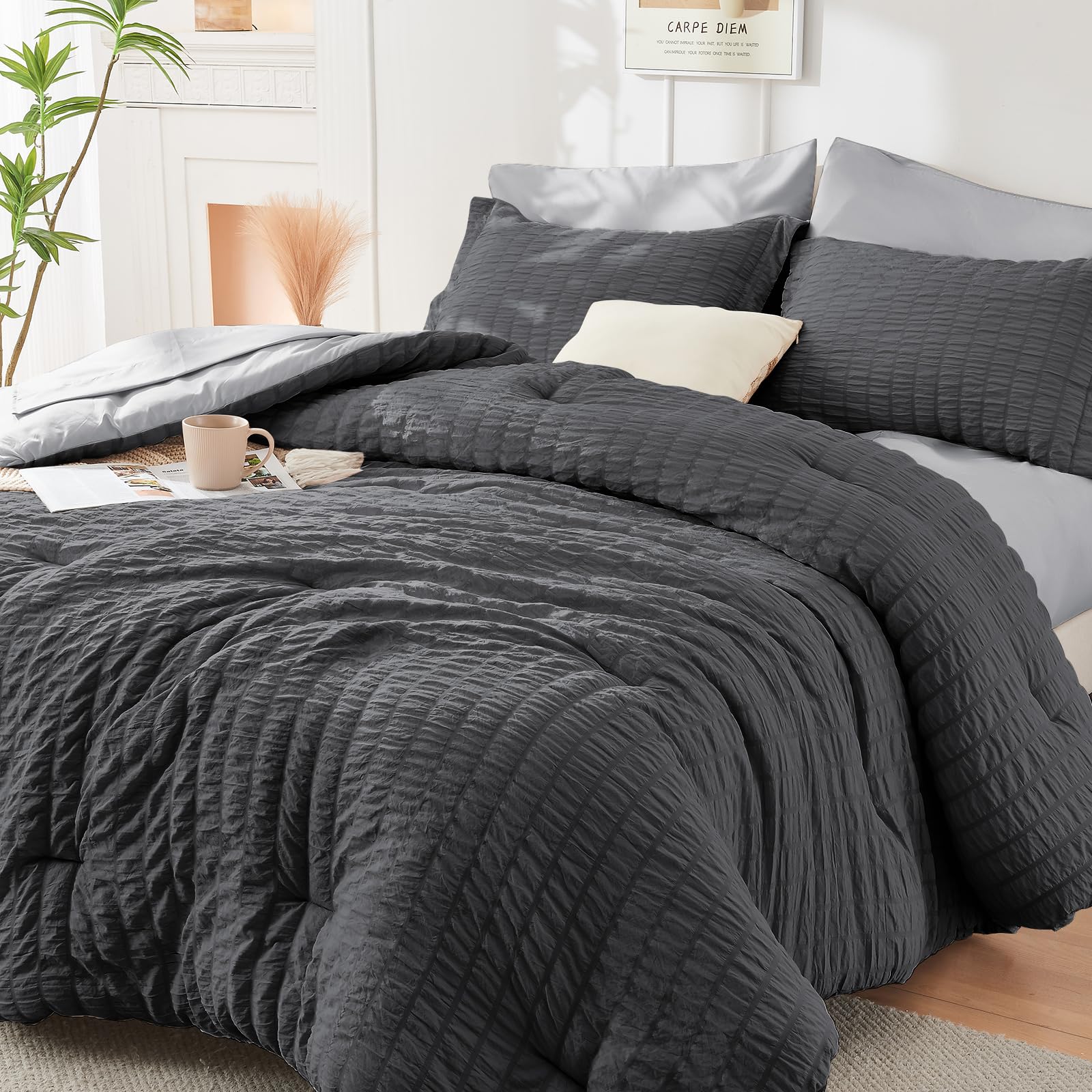 HYMOKEGE Full Size Comforter Sets Seersucker 7 Pieces, All Season Luxury Bed in a Bag for Bedroom, Bedding Set with Comforters, Sheets, Pillowcases & Shams, Dark Grey