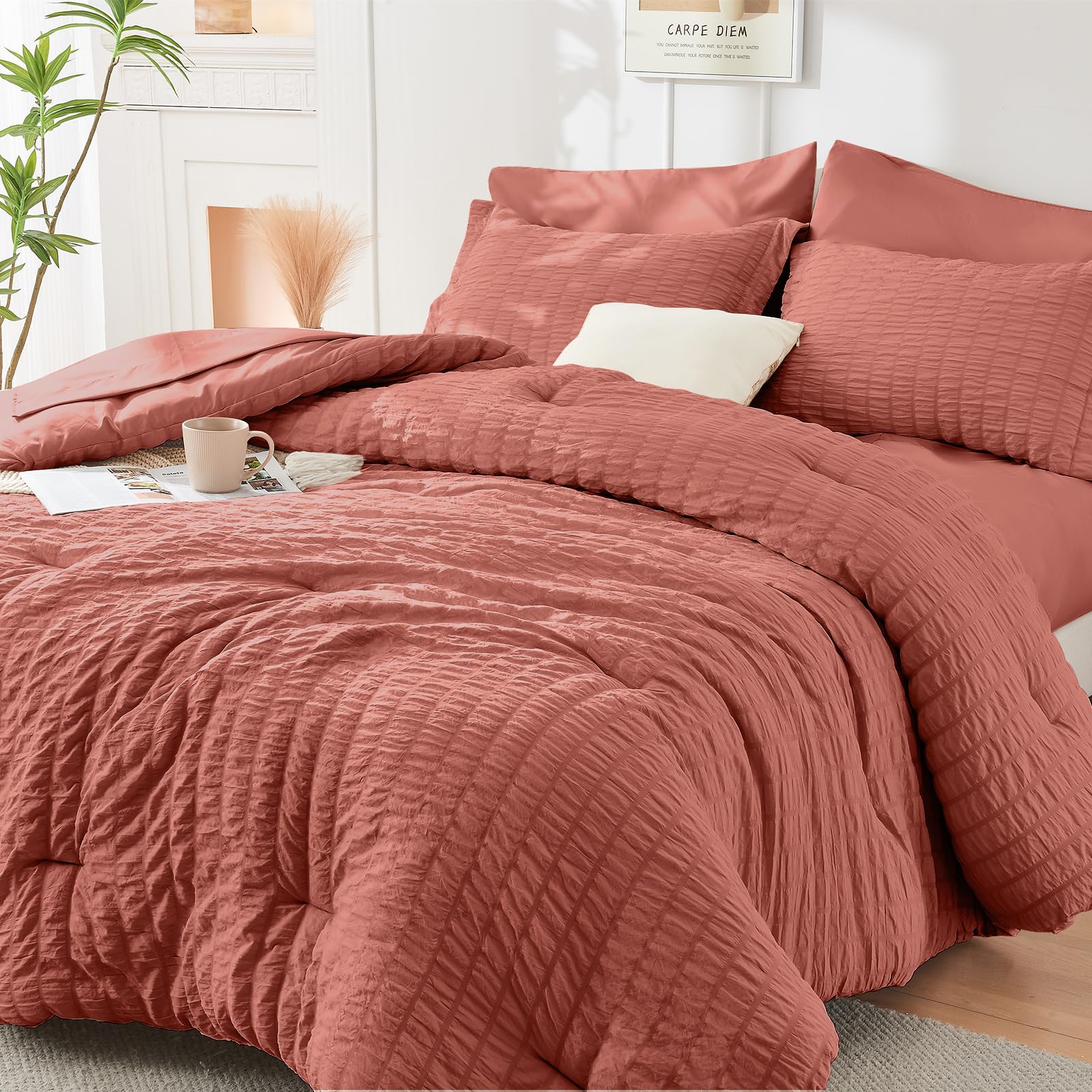 HYMOKEGE Full Size Comforter Sets Seersucker 7 Pieces, All Season Luxury Bed in a Bag for Bedroom, Bedding Set with Comforters, Sheets, Pillowcases & Shams, Dark Grey