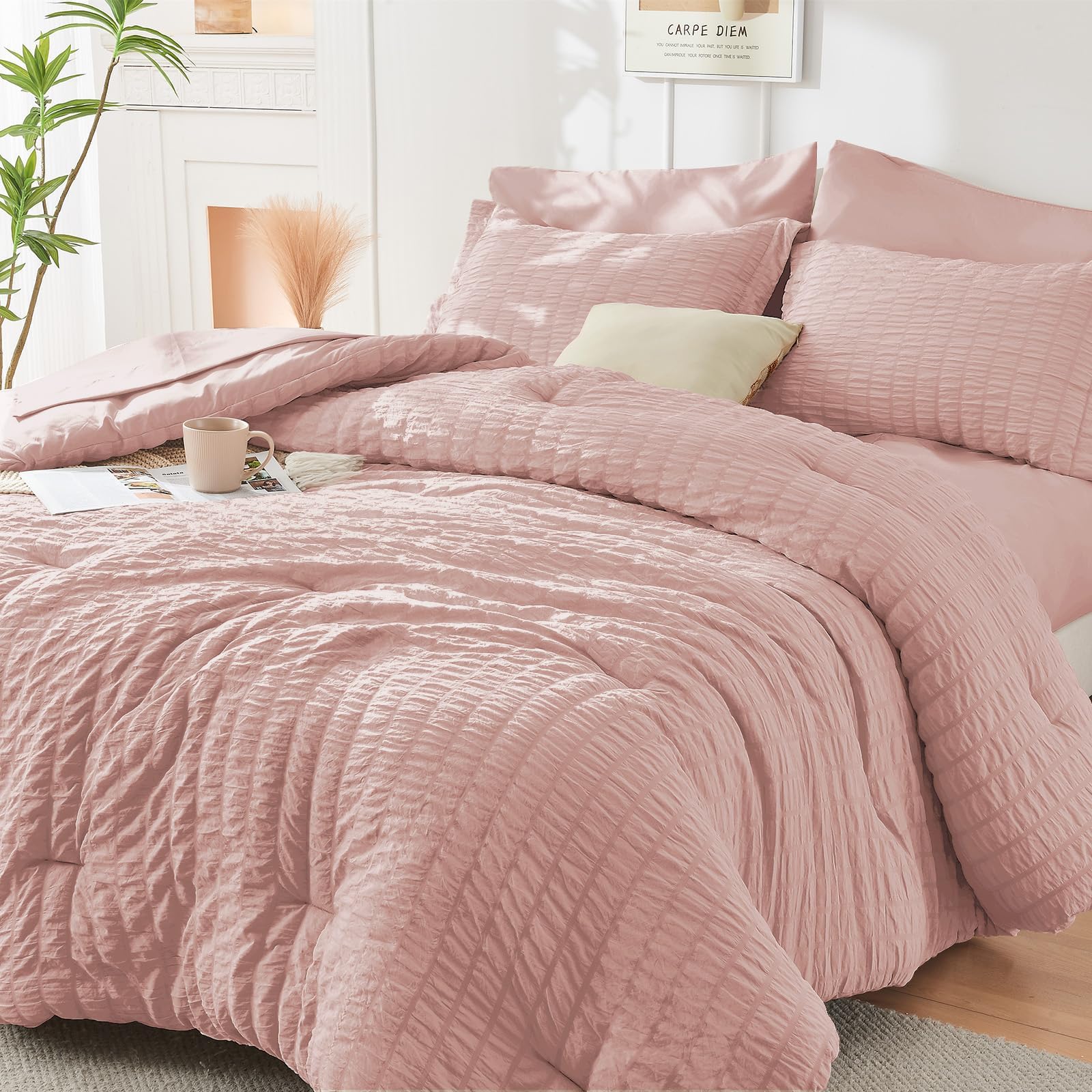HYMOKEGE Full Size Comforter Sets Seersucker 7 Pieces, All Season Luxury Bed in a Bag for Bedroom, Bedding Set with Comforters, Sheets, Pillowcases & Shams, Dark Grey