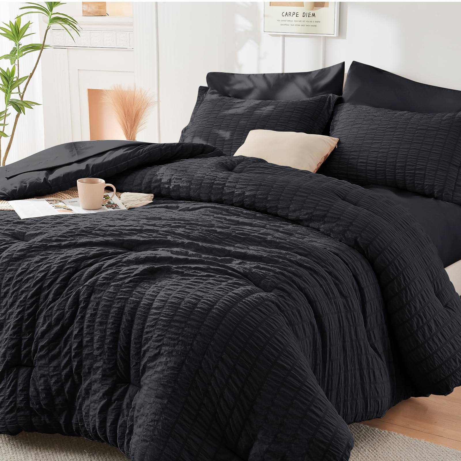 HYMOKEGE Full Size Comforter Sets Seersucker 7 Pieces, All Season Luxury Bed in a Bag for Bedroom, Bedding Set with Comforters, Sheets, Pillowcases & Shams, Dark Grey
