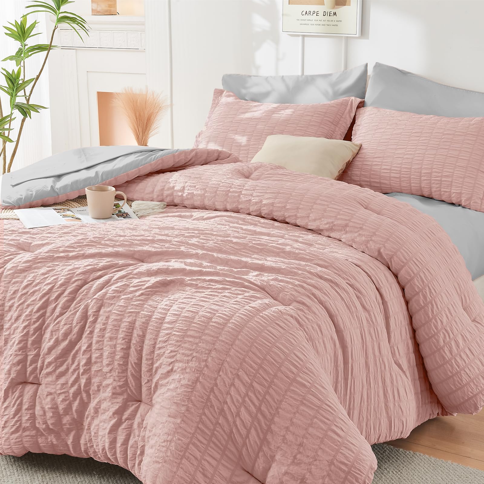 HYMOKEGE Full Size Comforter Sets Seersucker 7 Pieces, All Season Luxury Bed in a Bag for Bedroom, Bedding Set with Comforters, Sheets, Pillowcases & Shams, Dark Grey