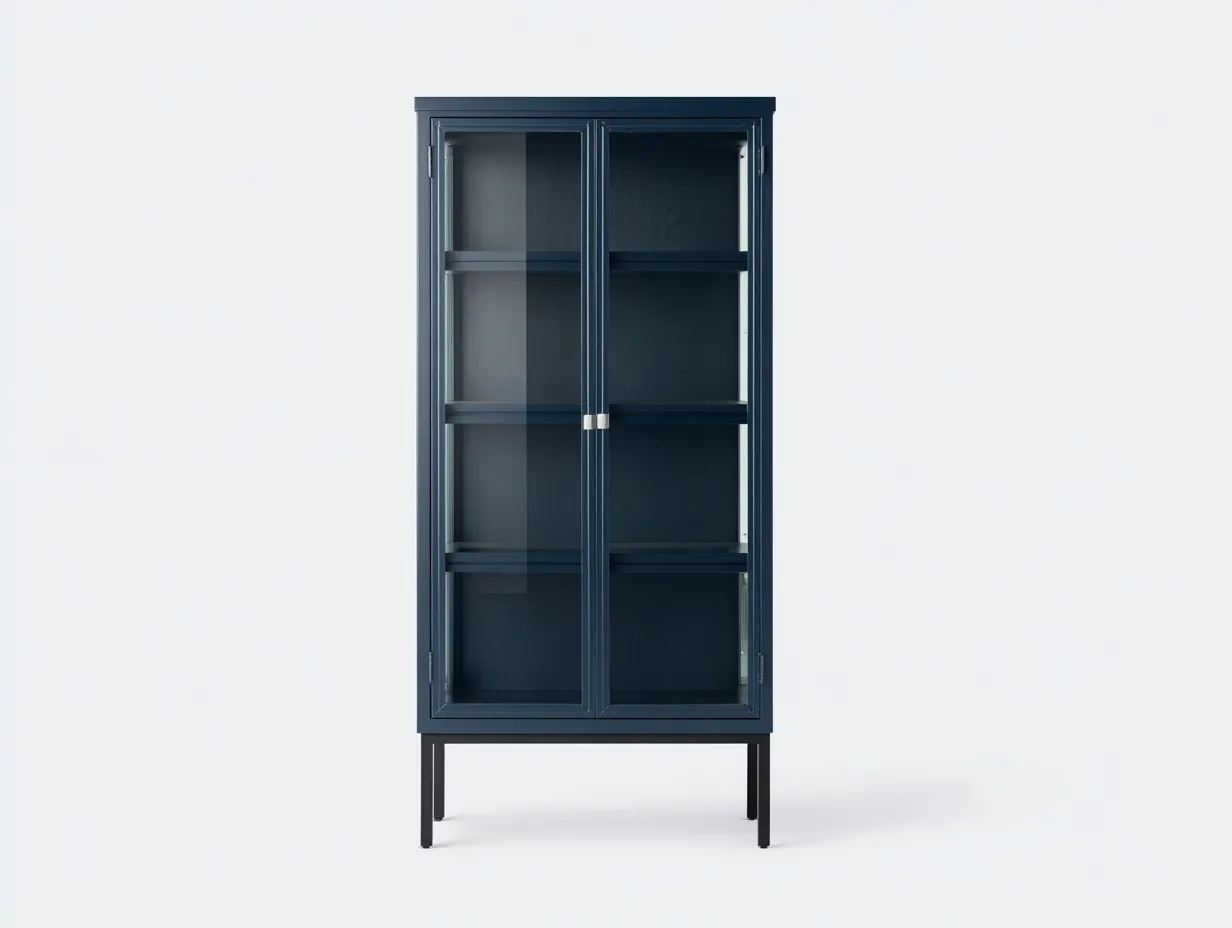Vitrine 82×38×178 cm - métal bleu et verre - rangement vitré moderne pour bureau-Pavoradohome