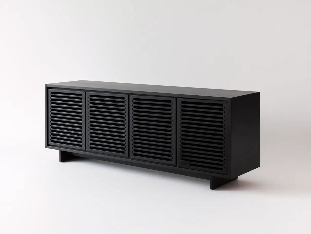 Meuble TV 180×45×65 cm - bois noir - portes à lattes et design moderne pour salon-Pavoradohome