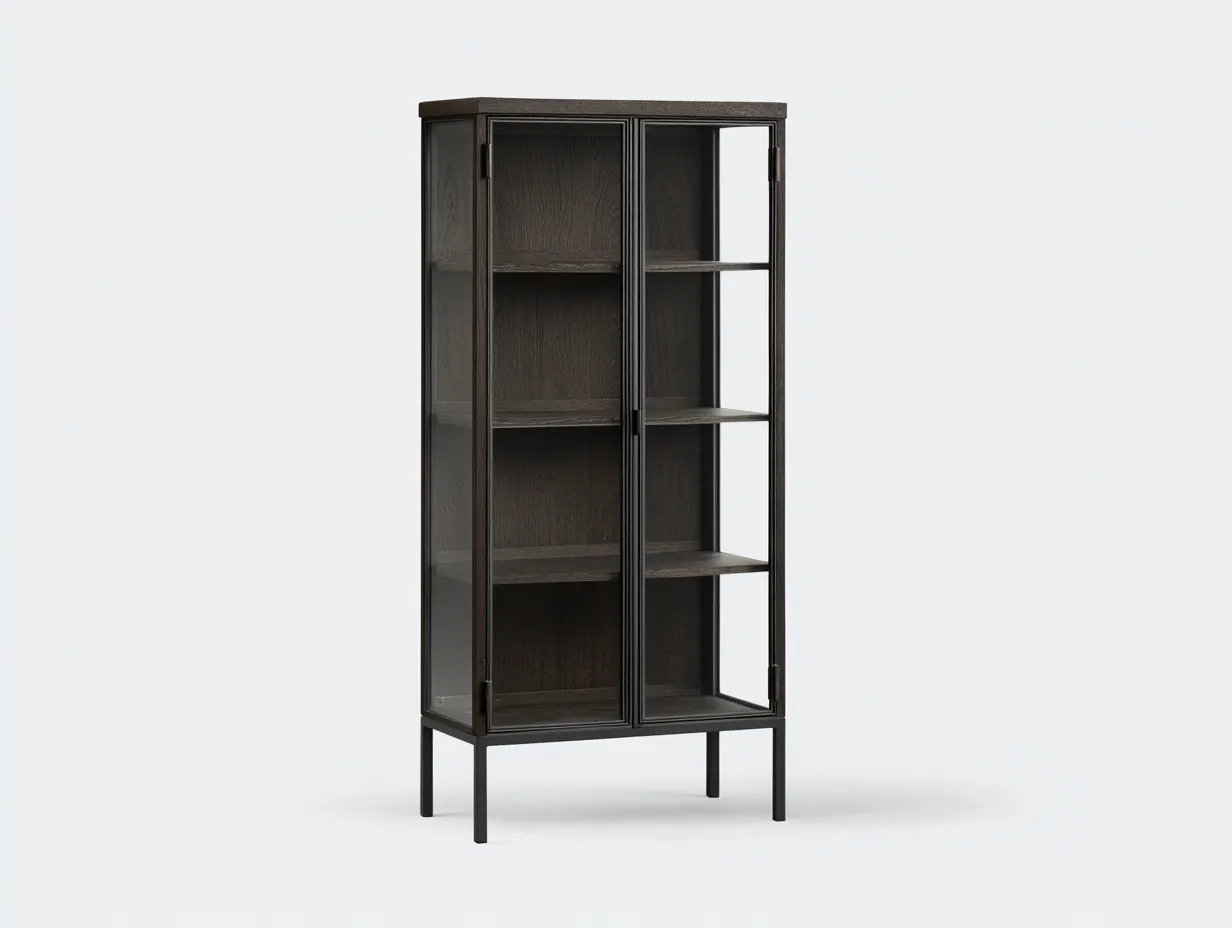 Vitrine en bois et verre 82×40×180 cm - marron foncé et noir - bureau style contemporain-Pavoradohome