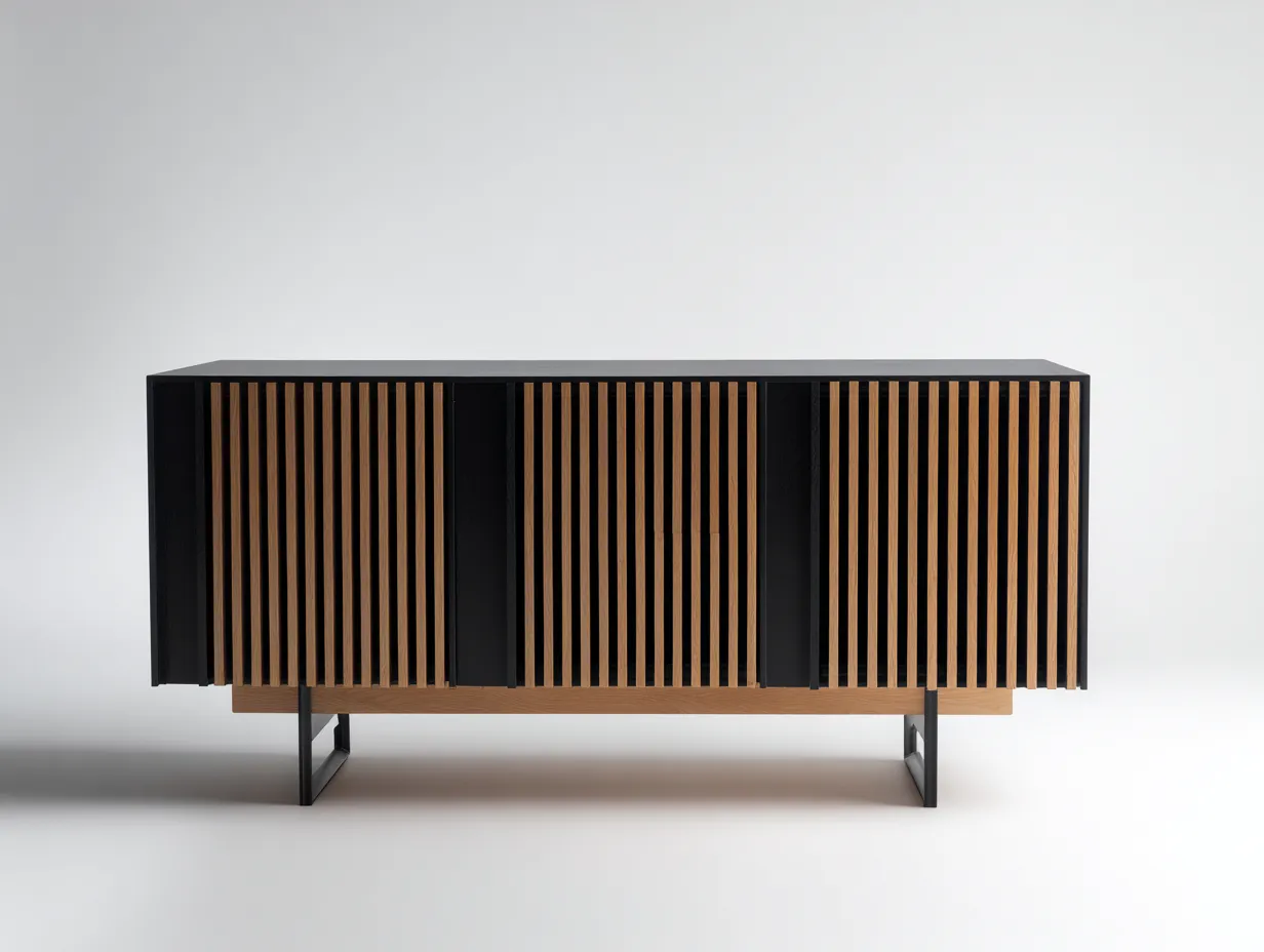 Meuble TV en bois et métal 180×42×68 cm - noir et bois - salon style contemporain à lattes-Pavoradohome