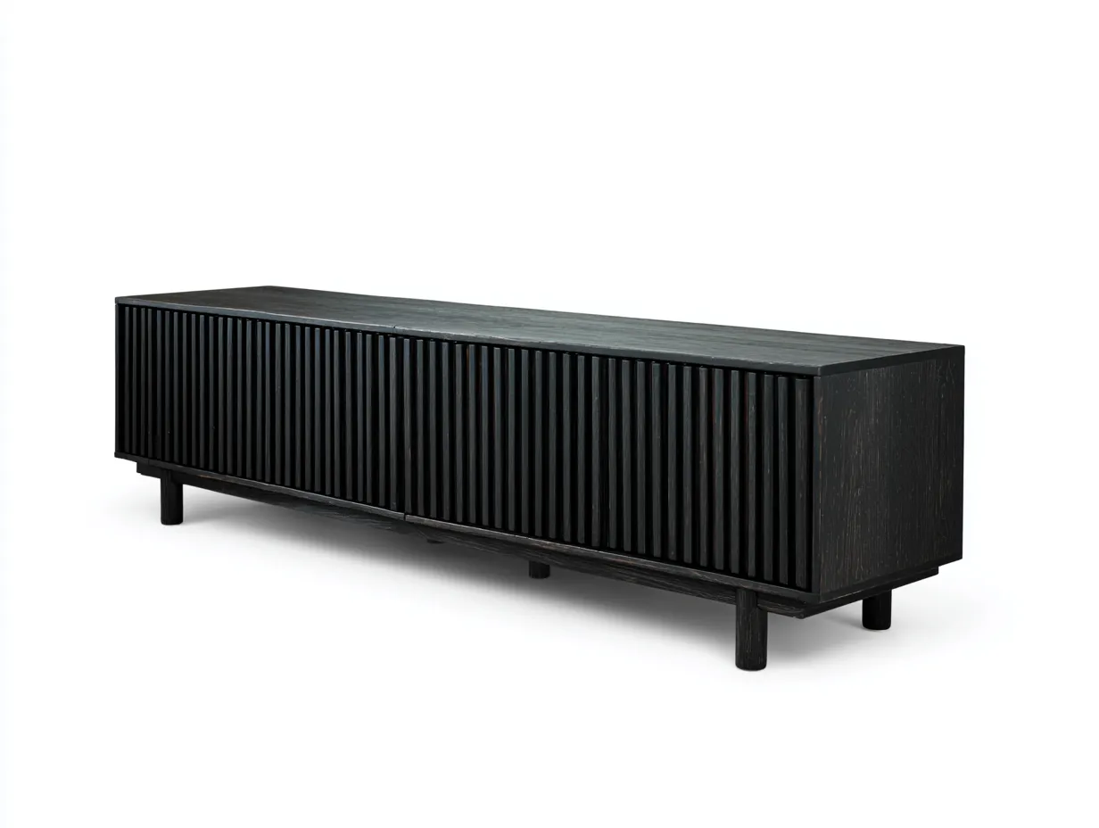 Meuble TV en bois 190×42×55 cm - noir - salon style contemporain à façade rainurée-Pavoradohome