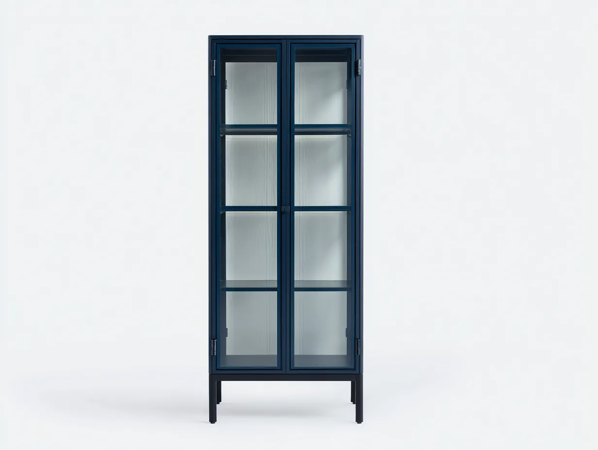 Vitrine en métal et verre 80×38×180 cm - bleu foncé - rangement pour bureau style contemporain-Pavoradohome