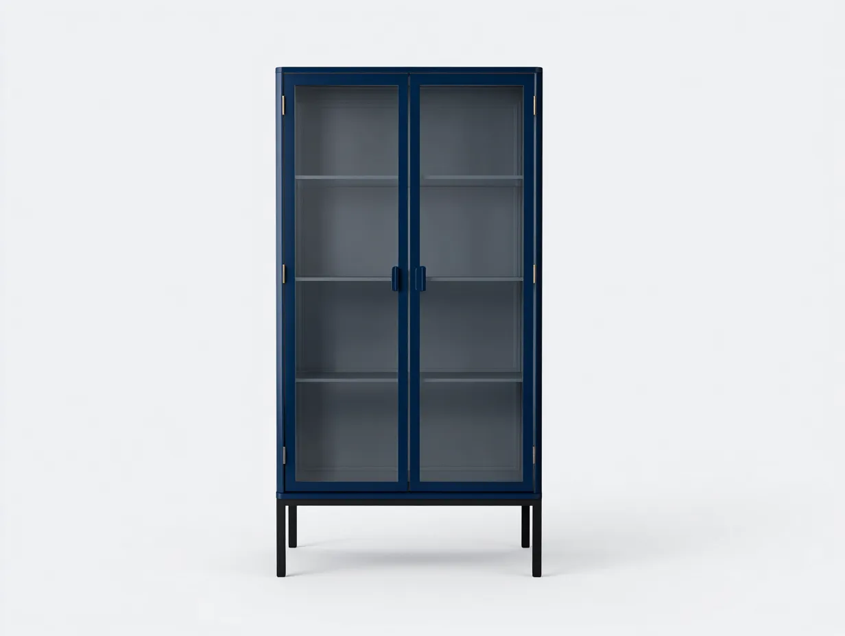 Vitrine bureau en métal bleu foncé 90×40×180 cm – portes vitrées – style contemporain-Pavoradohome