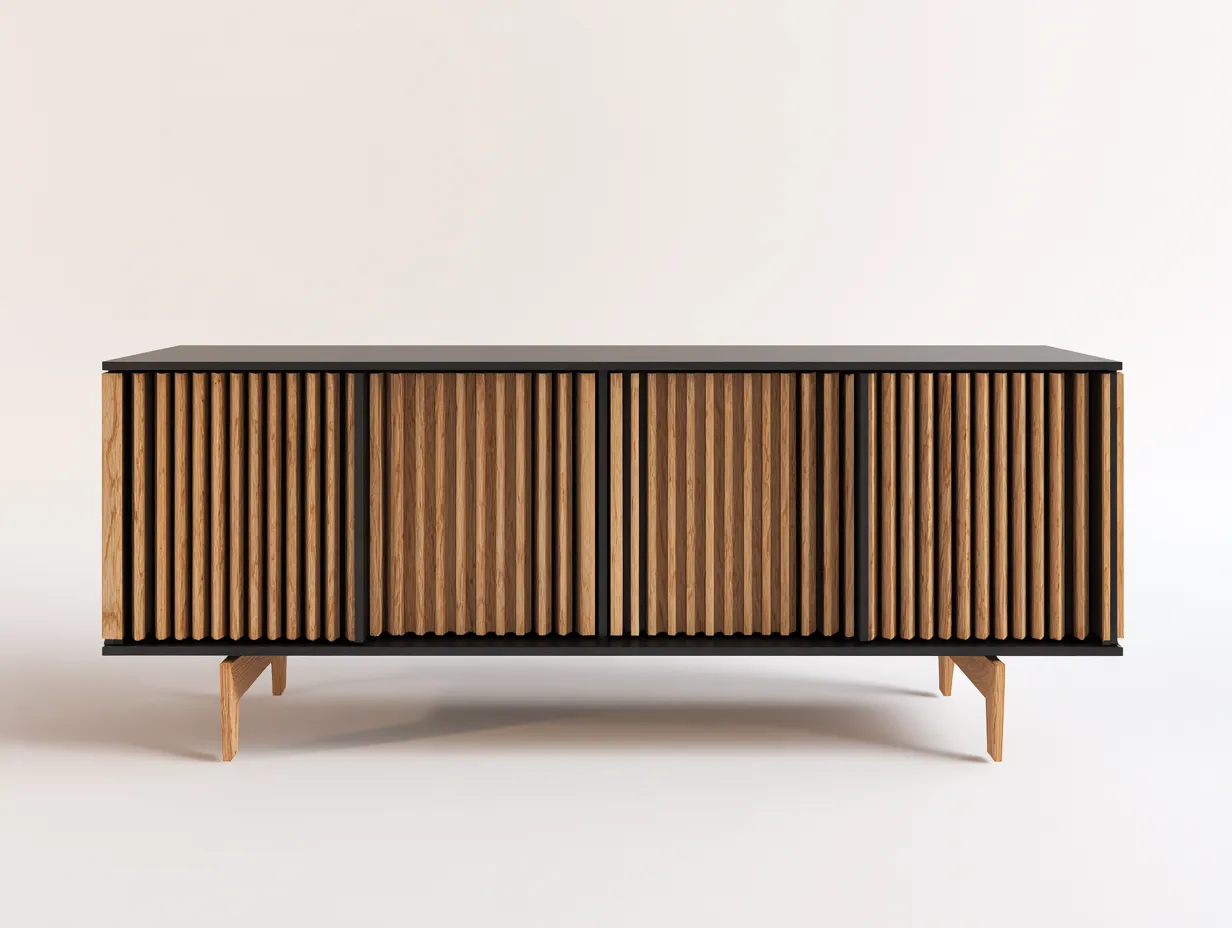 Meuble TV 190×45×65 cm - bois marron et noir - portes à lattes pour salon-Pavoradohome