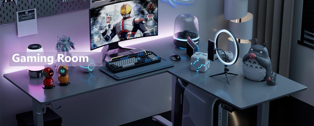 L-shaped standing desk workspace layout