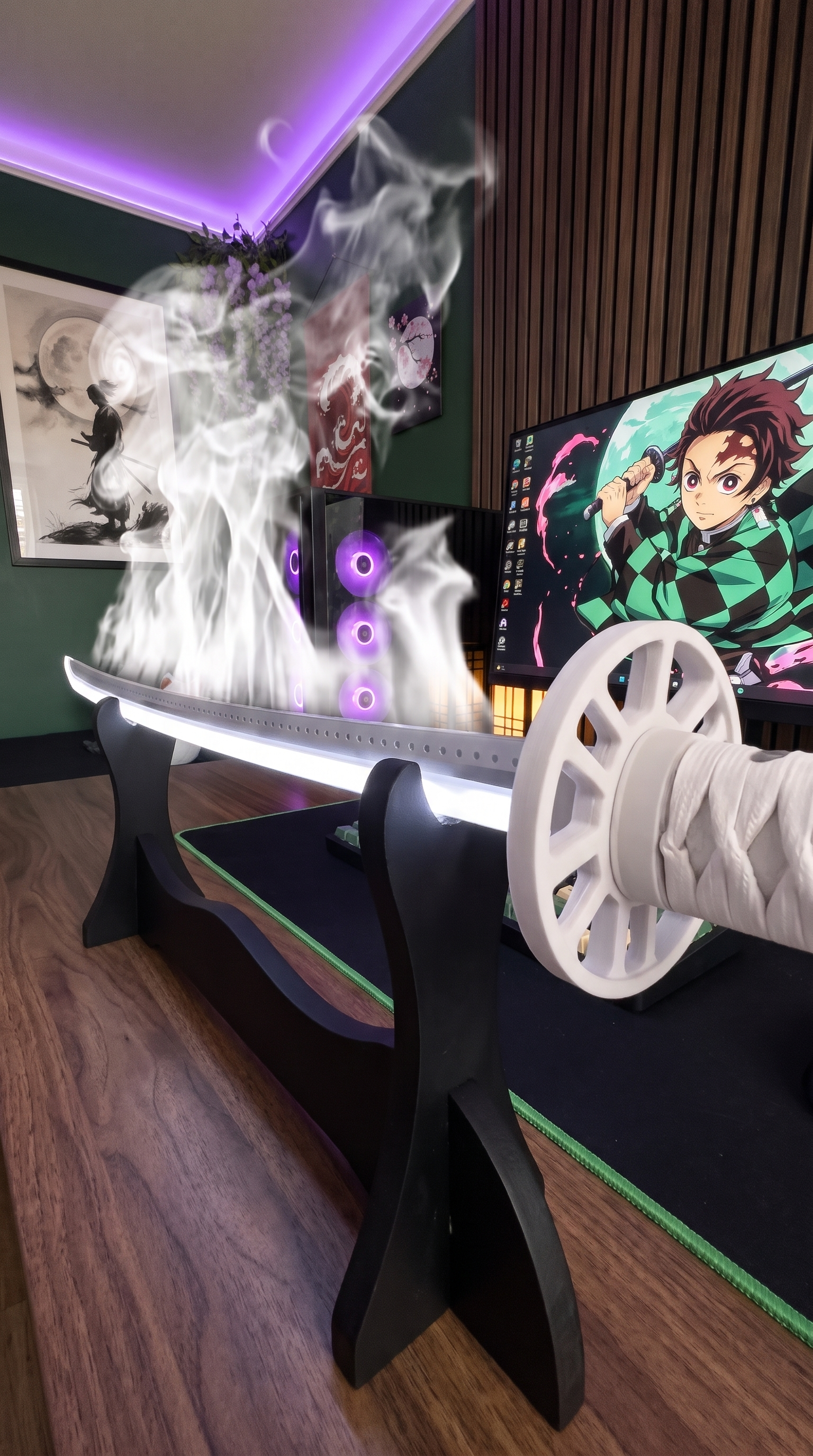 Close view of the illuminated blade with mist effect