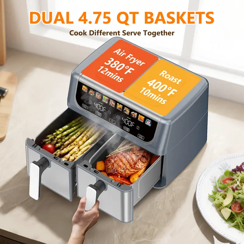 Sweetcrispy 9-Quart Dual Basket Air Fryer with Digital Double Zone Cooking