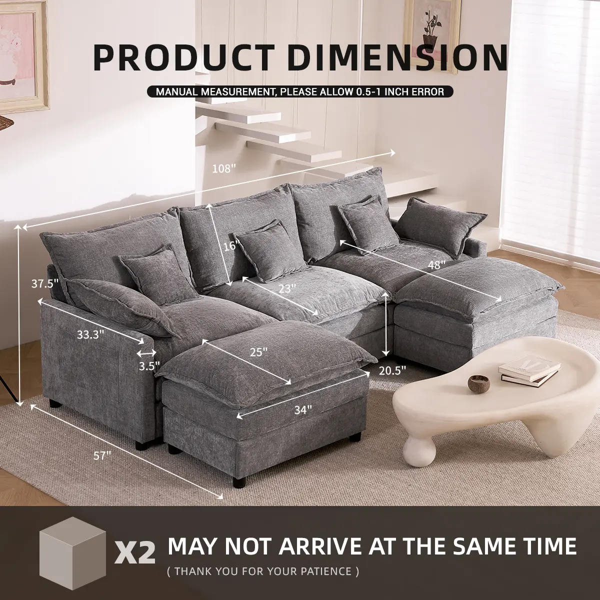 GOSUHI 108" U-Shaped Modular Sectional Sofa