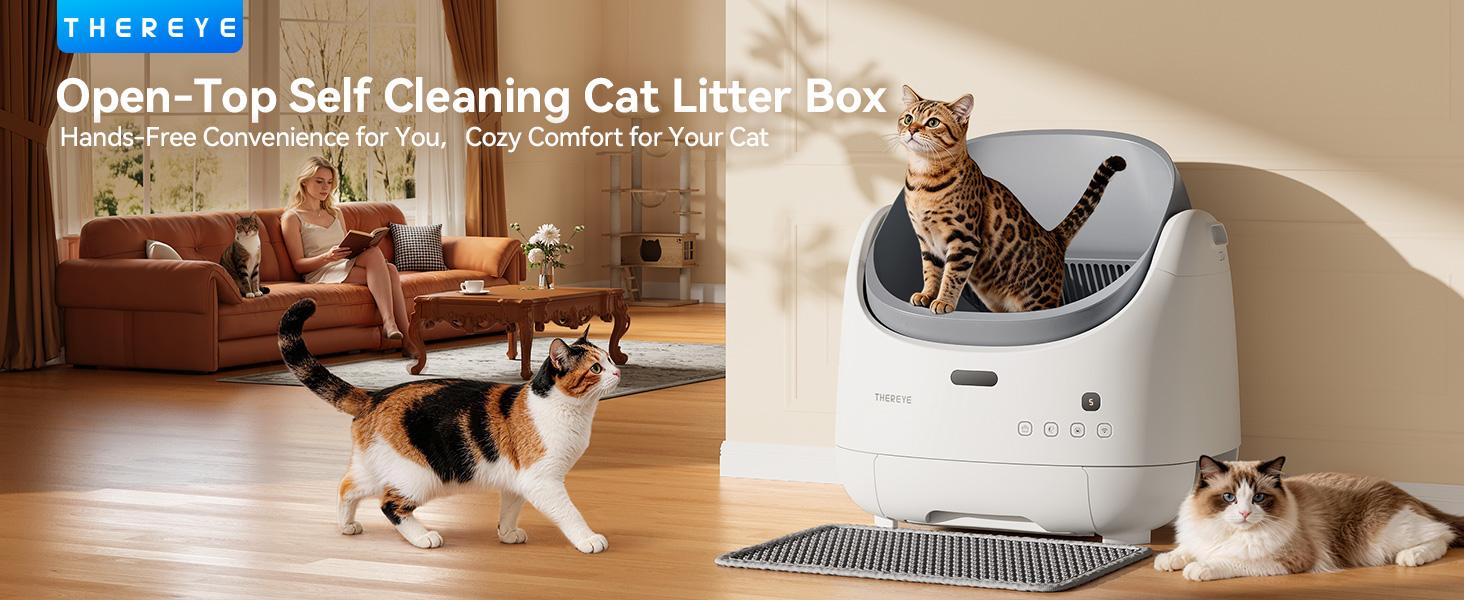 (SC07)Thereye Automatic Litter Box, Self Cleaning Litter Box for Multiple Cats, APP Control and Safety Sensors, Odor Control, Open-Top Smart Cat Litter Box with Trash Bags/Litter Mat