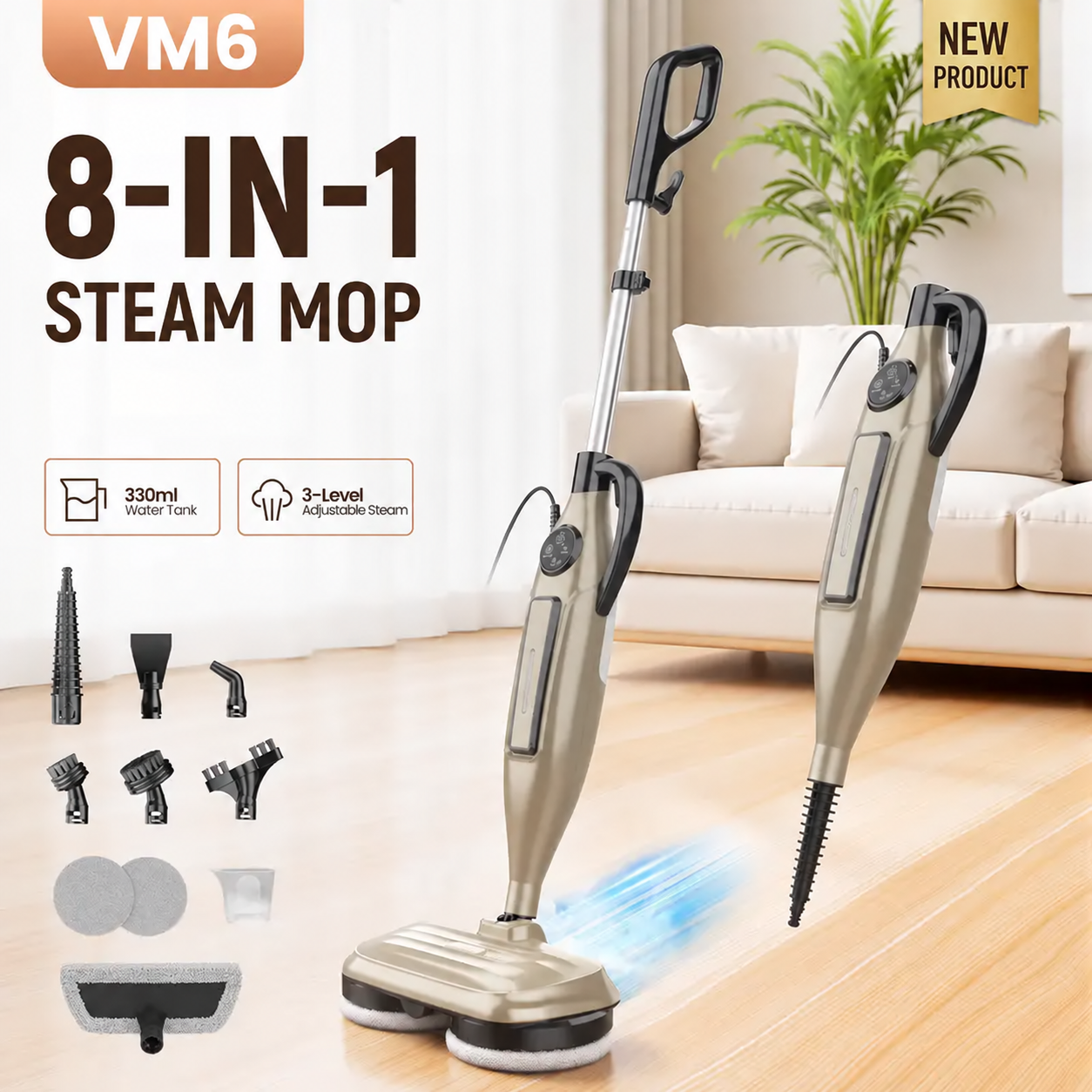 VM6 Electric Rotating Steam Mop - 10-in-1 Eco-Friendly Antibacterial Cleaning Supplies, 3 Adjustable Steam Levels, 5m Cord, Fast Heat-Up, Attachments for Floors, Kitchen, Tiles, Grease & Grime Remover,sohochic