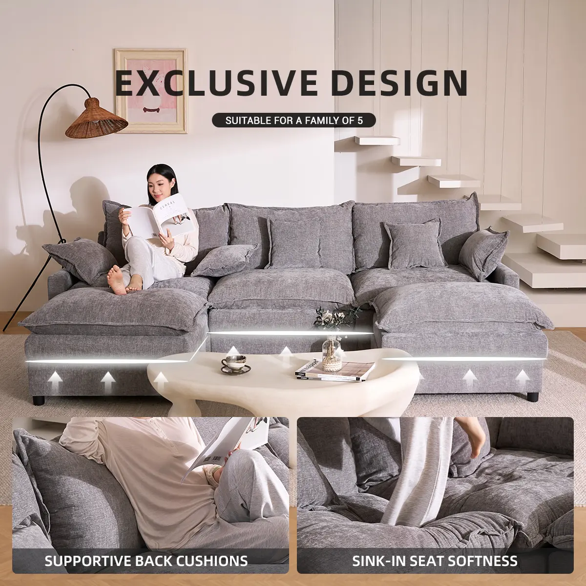 GOSUHI 108" U-Shaped Modular Sectional Sofa