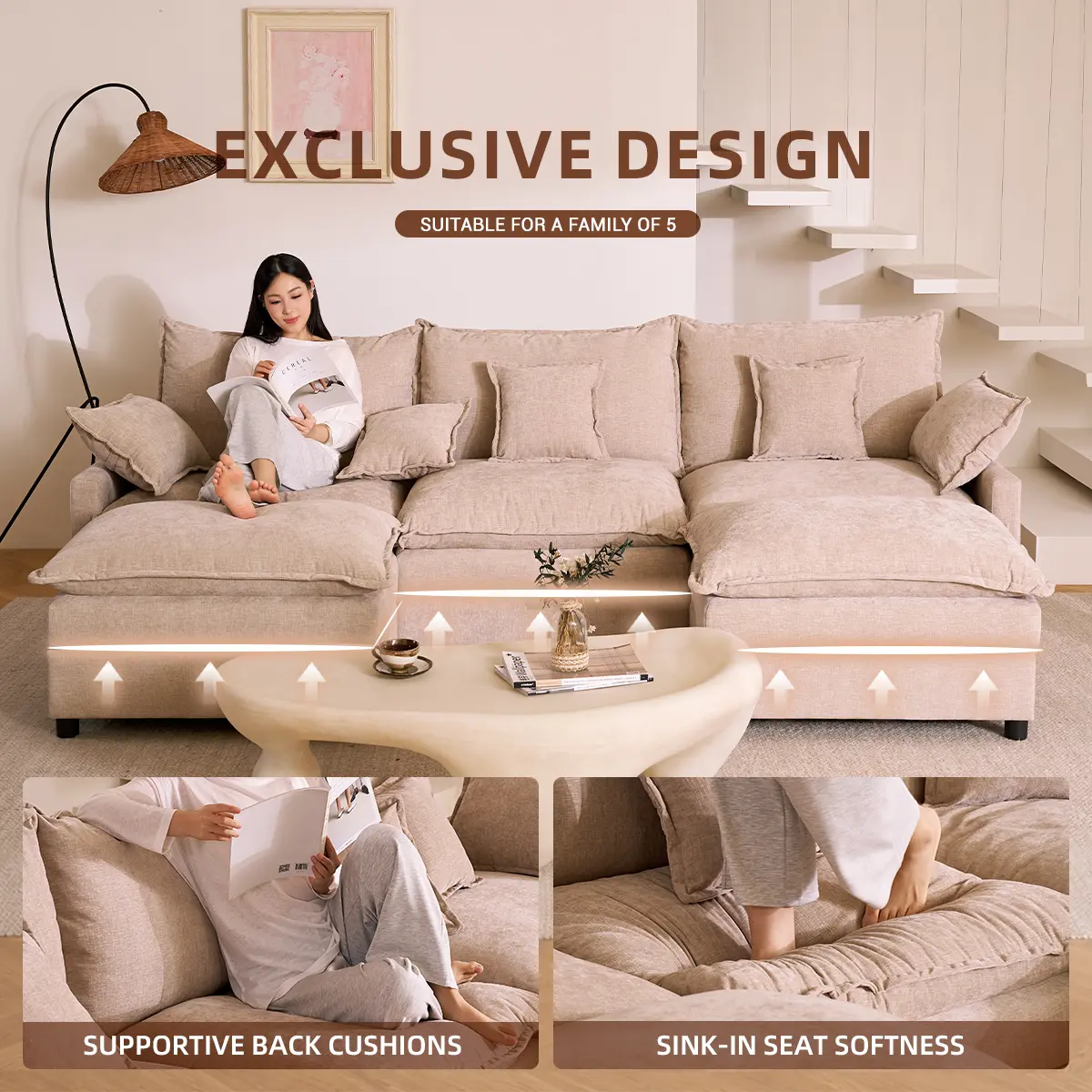 GOSUHI 108" U-Shaped Modular Sectional Sofa