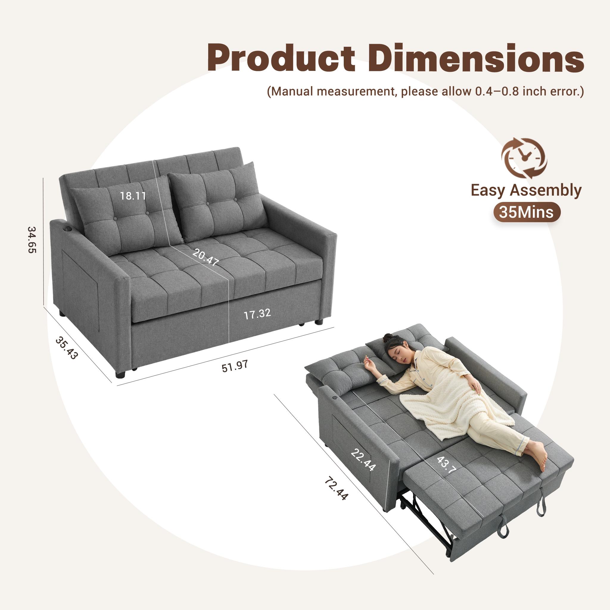GOSUHI | 52" Sleeper Sofa with Pull-Out Bed, couch,3-in-1 Convertible Sofa Bed, Loveseat with Stepless Adjustable Backrest and Side Pocket, for Living Room Dorm Apartment,Day bed,,sofas para sala