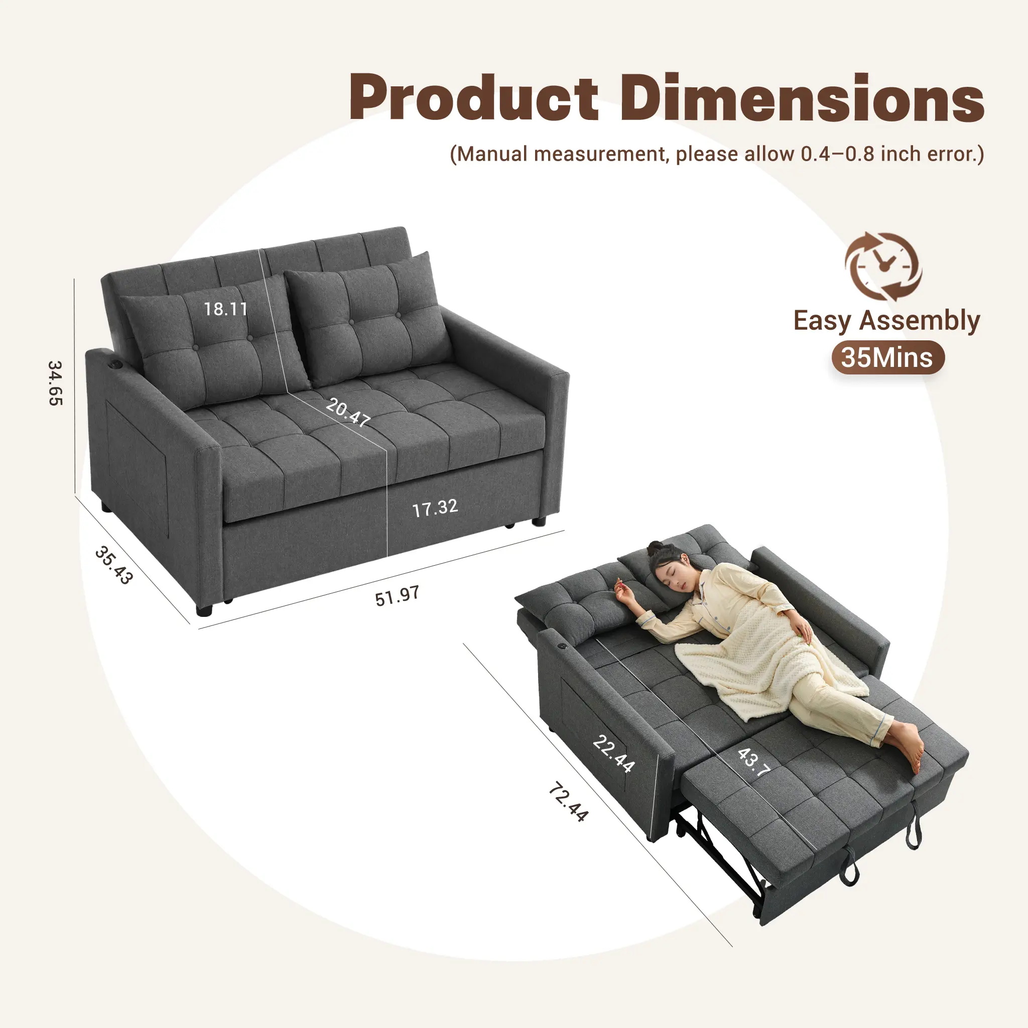 GOSUHI 52" Sleeper Sofa Bed, Light Gray