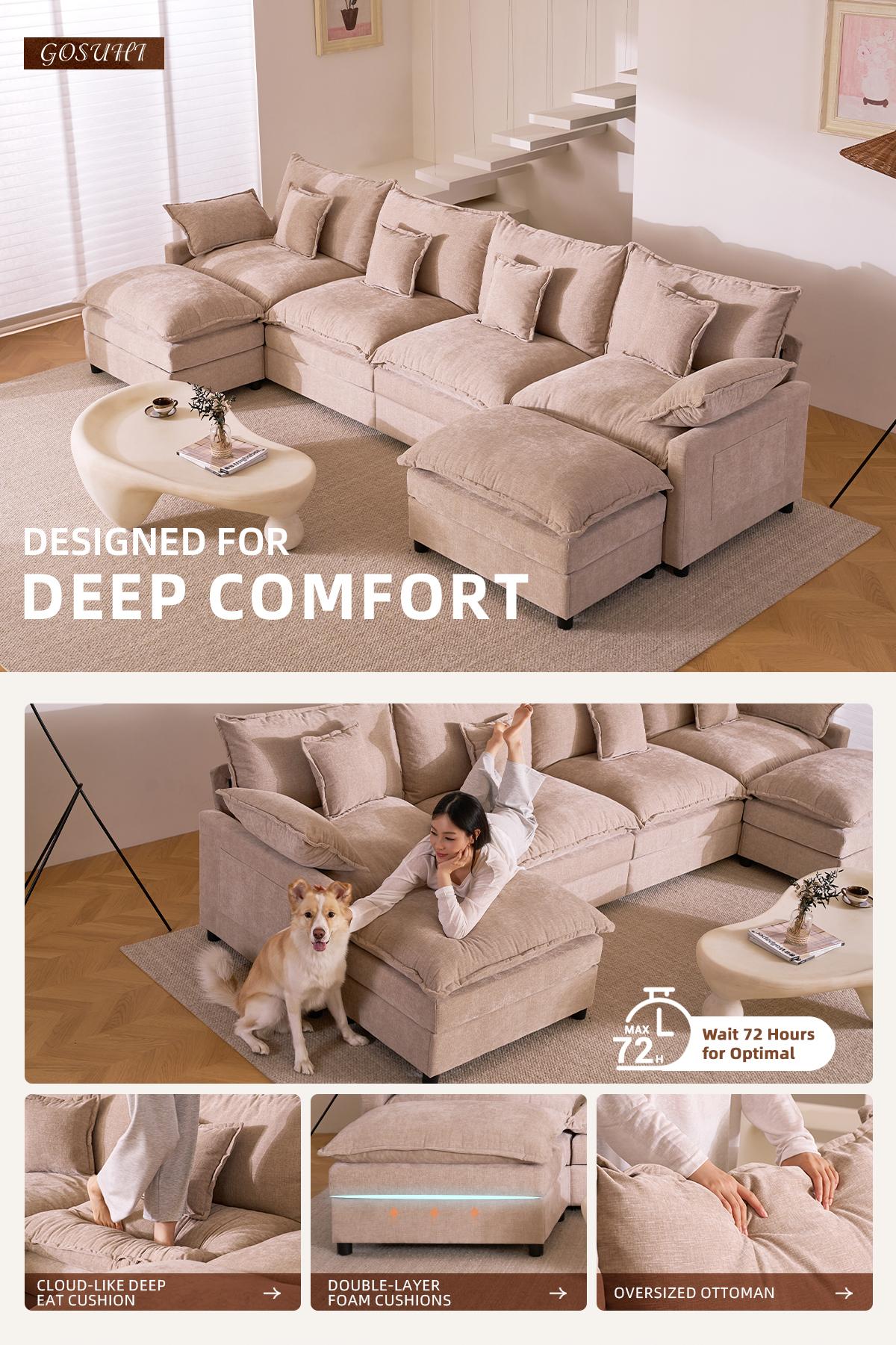 GOSUHI | 108" U-Shaped Modular Cloud Sofa, 3-Seater Sectional with 2 Movable Ottomans,Deep Seat,Chenille,Linen GOSUHI | 108" U-Shaped Modular Cloud Sofa, 3-Seater Sectional with 2 Movable Ottomans,Deep Seat,Chenille,Linen