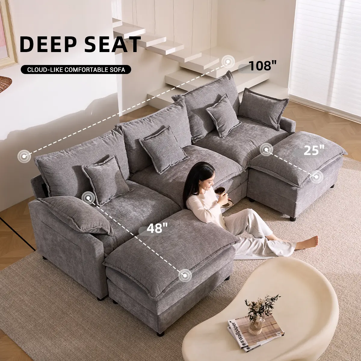 GOSUHI 108" U-Shaped Modular Sectional Sofa