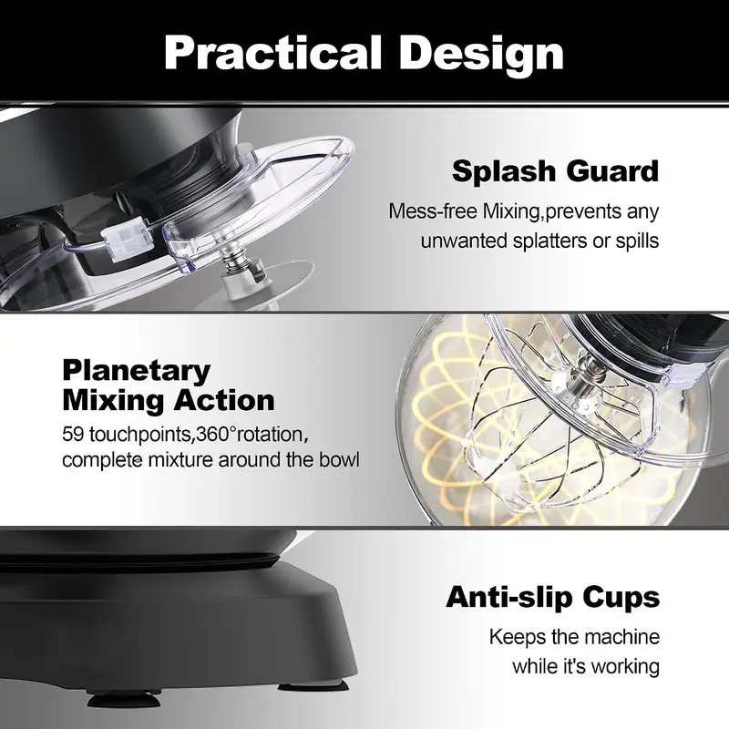 Splash guard, planetary mixing action and anti-slip feet