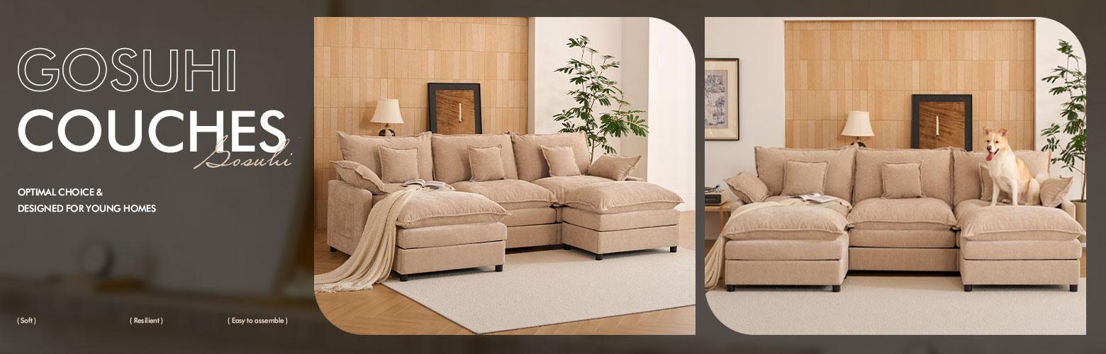 GOSUHI | 108" U-Shaped Modular Cloud Sofa, 3-Seater Sectional with 2 Movable Ottomans,Deep Seat,Chenille,Linen GOSUHI | 108" U-Shaped Modular Cloud Sofa, 3-Seater Sectional with 2 Movable Ottomans,Deep Seat,Chenille,Linen