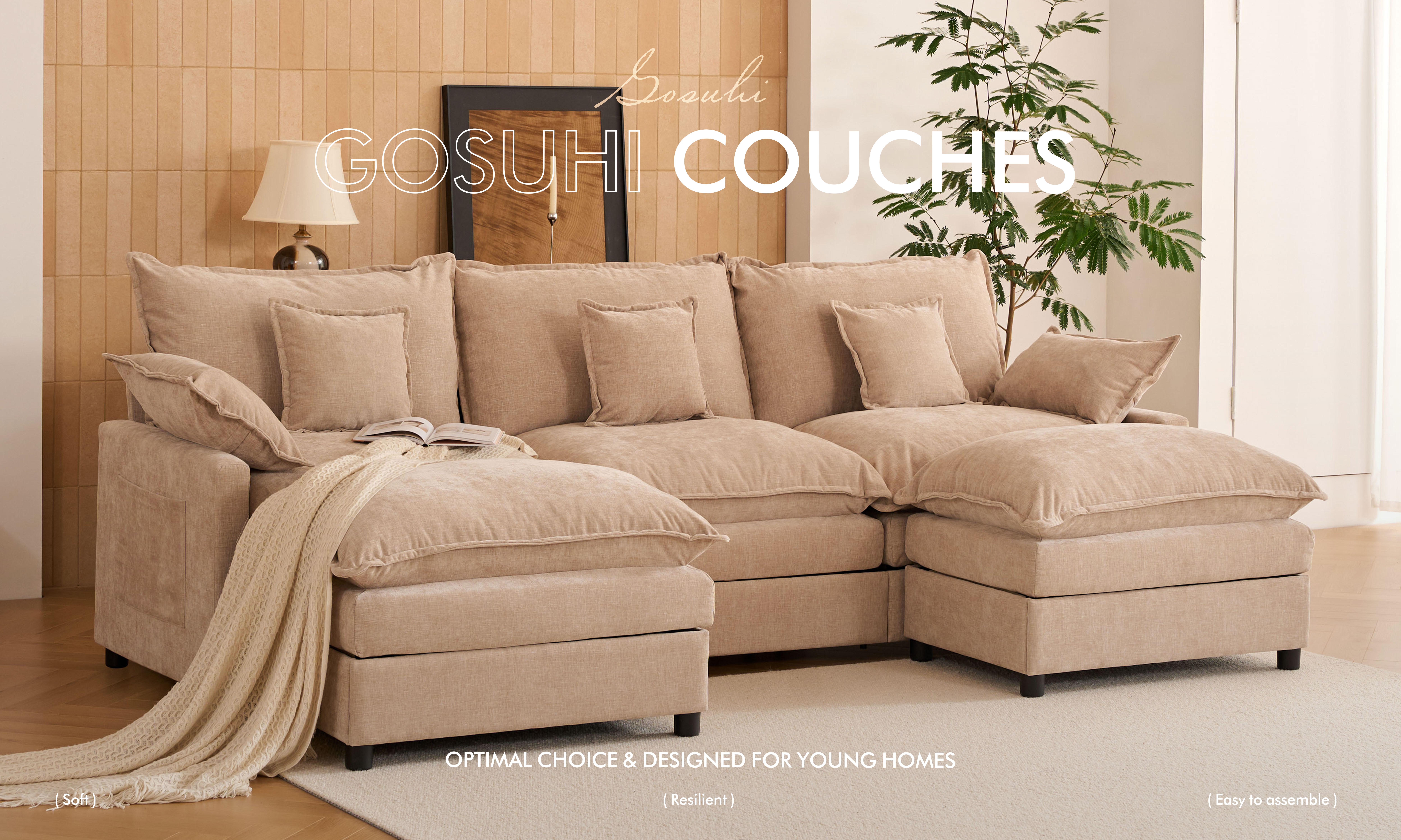 GOSUHI | 108" U-Shaped Modular Cloud Sofa, 3-Seater Sectional with 2 Movable Ottomans,Deep Seat,Chenille,Linen GOSUHI | 108" U-Shaped Modular Cloud Sofa, 3-Seater Sectional with 2 Movable Ottomans,Deep Seat,Chenille,Linen