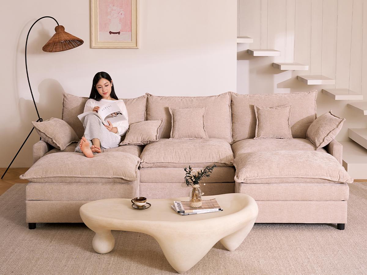 GOSUHI | 108" U-Shaped Modular Cloud Sofa, 3-Seater Sectional with 2 Movable Ottomans,Deep Seat,Chenille,Linen