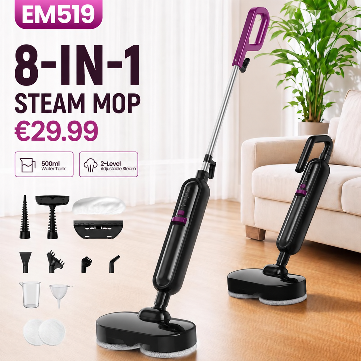 DEVOAC VM6 10-in-1 Rotating Electric Steam Mop – 212°F Steam, 3 Settings & Fast Heat-Up