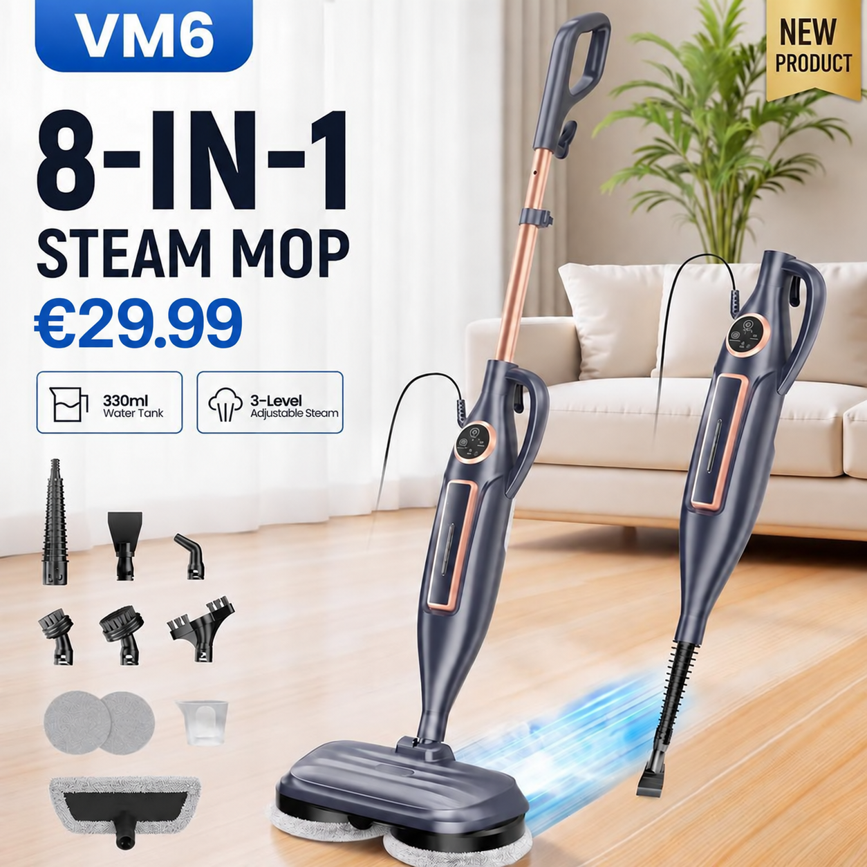 DEVOAC VM6 10-in-1 Rotating Electric Steam Mop – 212°F Steam, 3 Settings & Fast Heat-Up