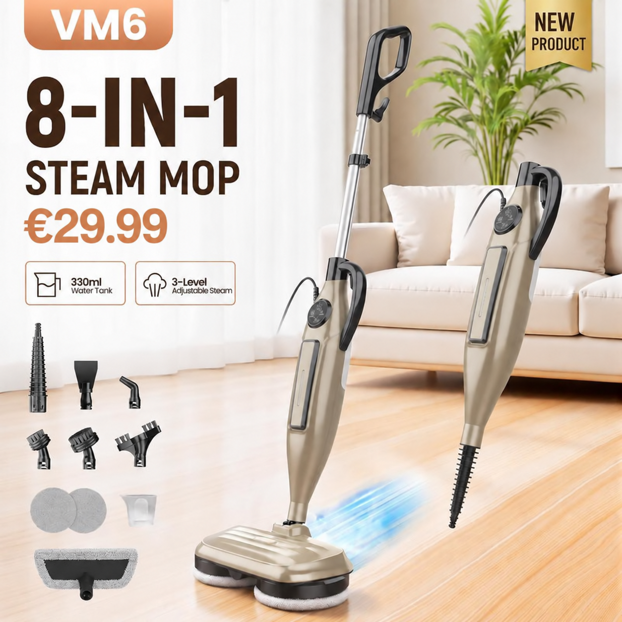 DEVOAC VM6 10-in-1 Rotating Electric Steam Mop – 212°F Steam, 3 Settings & Fast Heat-Up