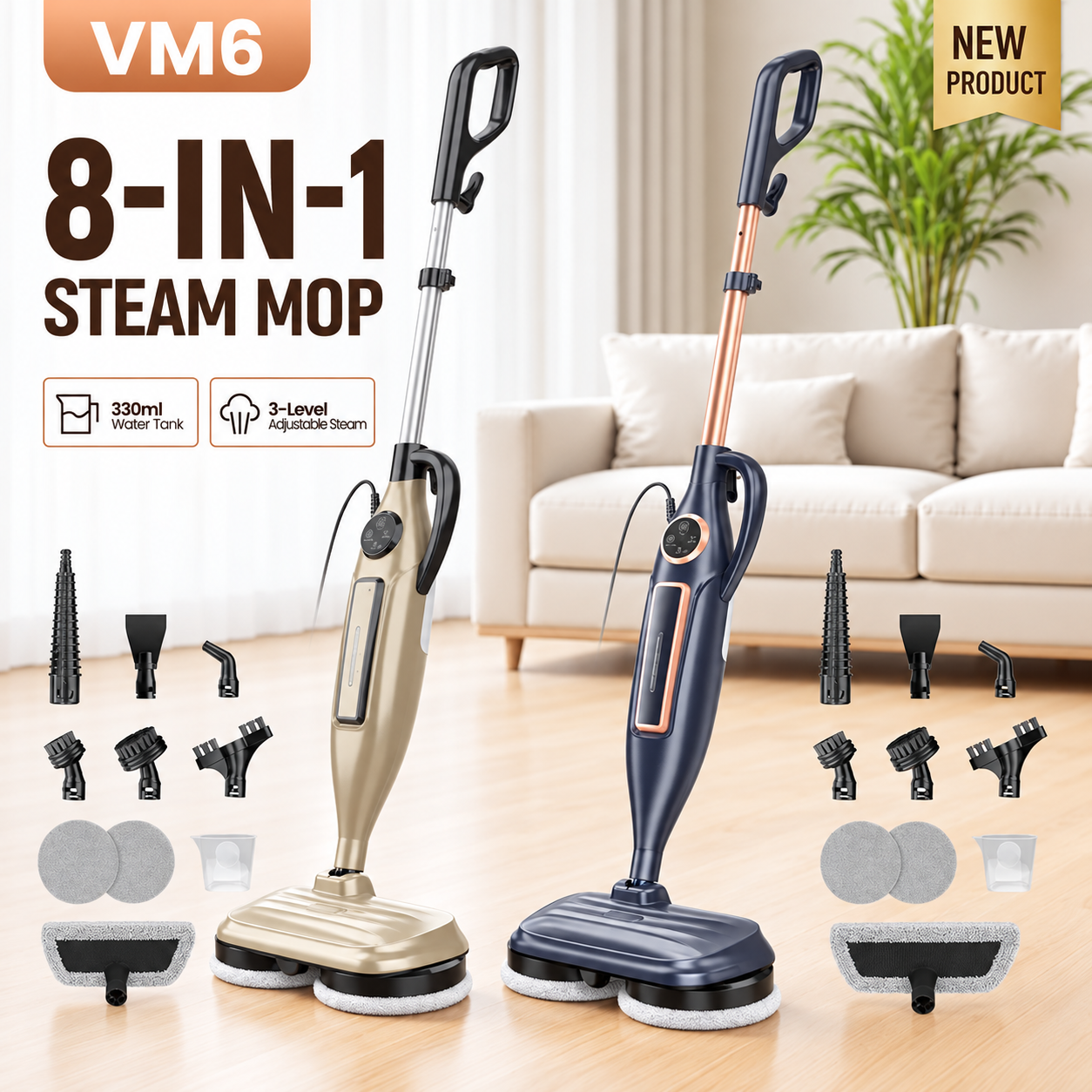 VM6 Electric Rotating Steam Mop - 10-in-1 Eco-Friendly Antibacterial Cleaning Supplies, 3 Adjustable Steam Levels, 5m Cord, Fast Heat-Up, Attachments for Floors, Kitchen, Tiles, Grease & Grime Remover,sohochic