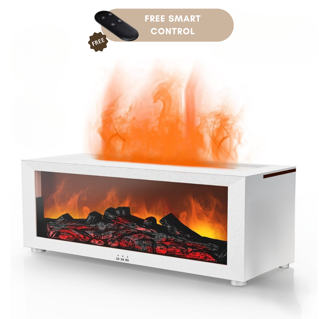White fireplace-effect aroma diffuser with remote