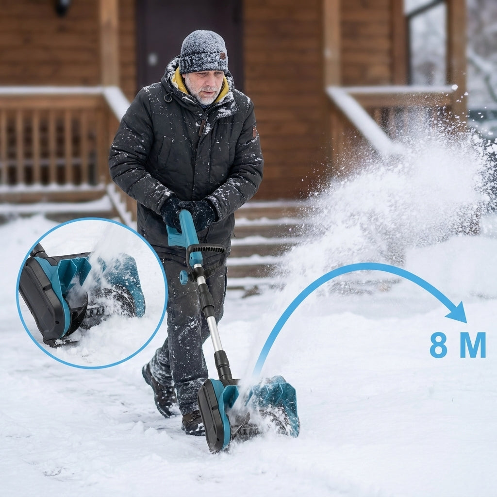 Electric snow shovel clearing snow from a pathway