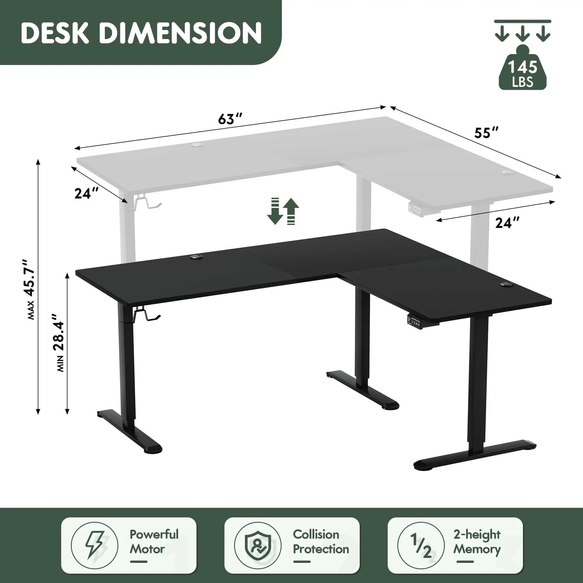 Furmax L Shaped Standing Desk 63x55 in Electric