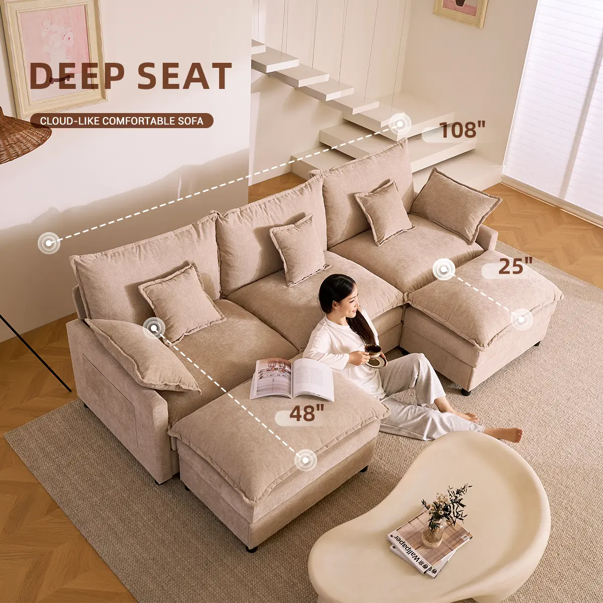 GOSUHI 108" U-Shaped Modular Sectional Sofa