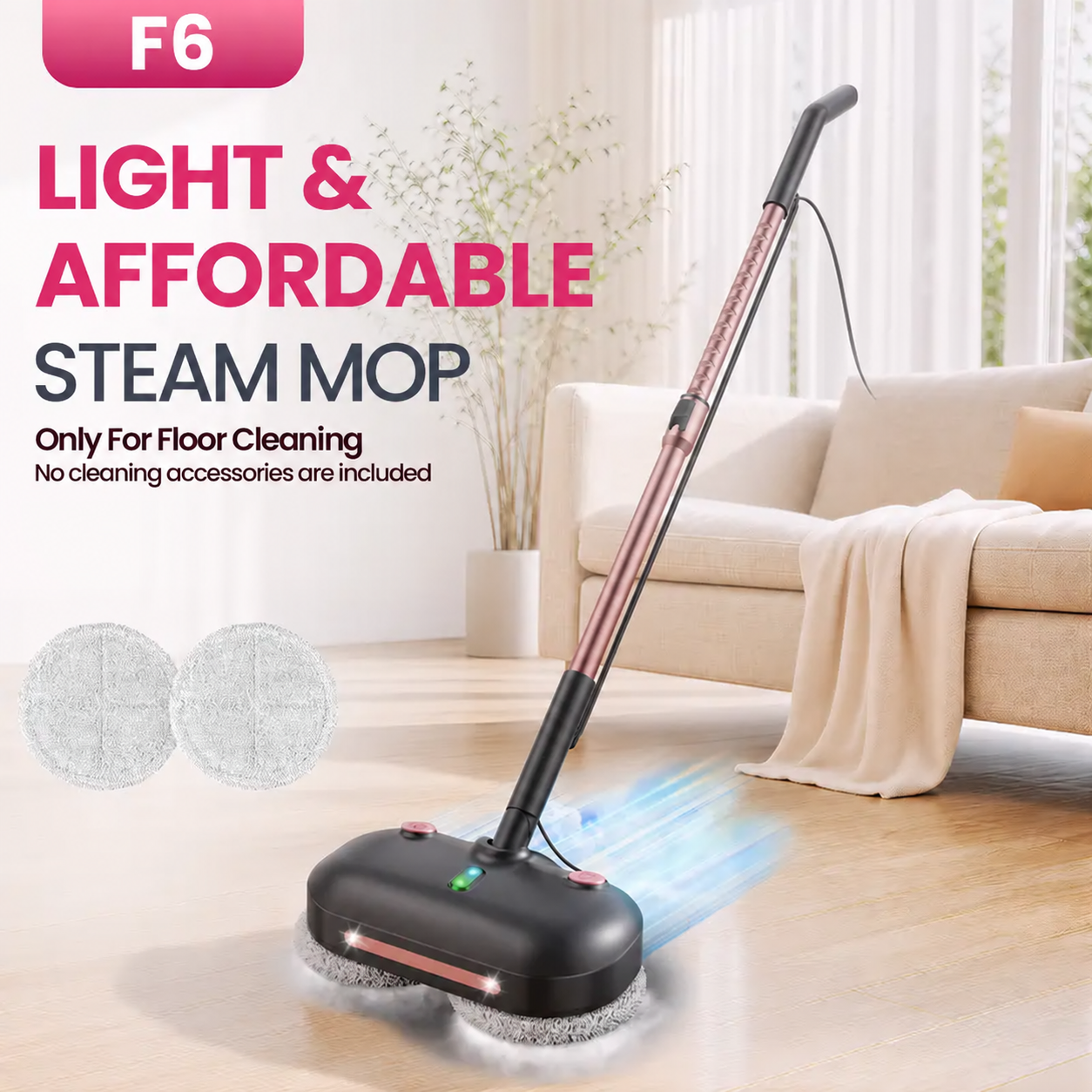 VM6 Electric Rotating Steam Mop - 10-in-1 Eco-Friendly Antibacterial Cleaning Supplies, 3 Adjustable Steam Levels, 5m Cord, Fast Heat-Up, Attachments for Floors, Kitchen, Tiles, Grease & Grime Remover,sohochic