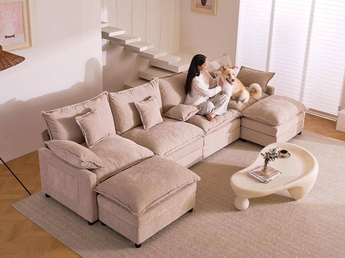 GOSUHI | 108" U-Shaped Modular Cloud Sofa, 3-Seater Sectional with 2 Movable Ottomans,Deep Seat,Chenille,Linen GOSUHI | 108" U-Shaped Modular Cloud Sofa, 3-Seater Sectional with 2 Movable Ottomans,Deep Seat,Chenille,Linen