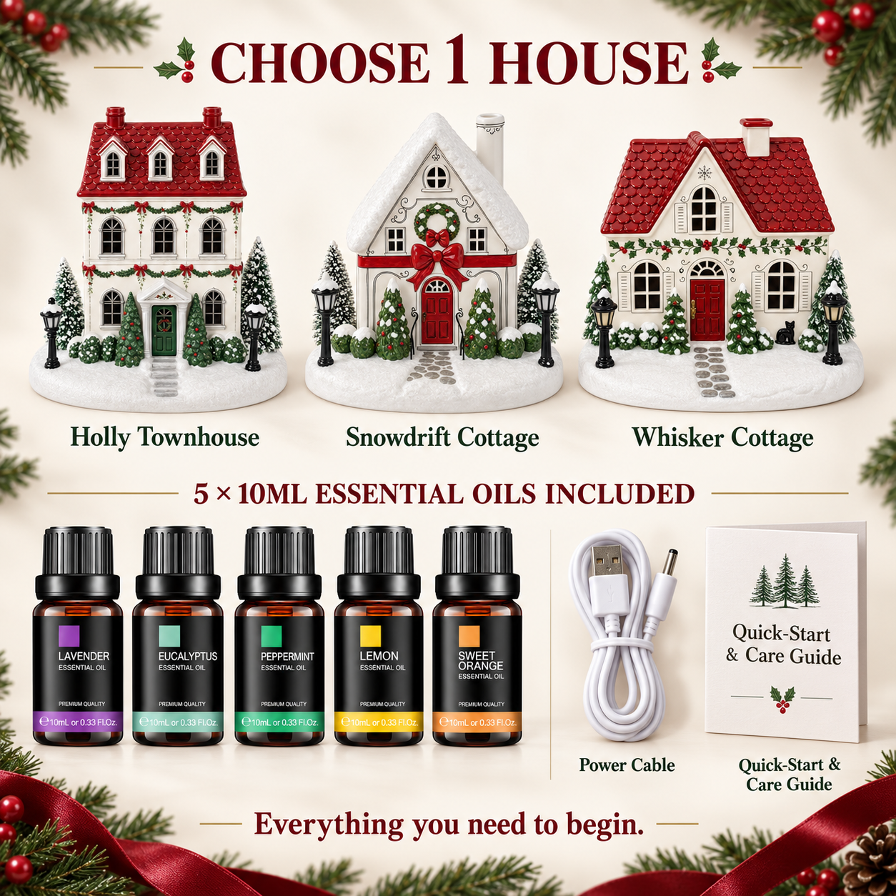 Choose one of three Christmas house diffusers with five 10ml essential oils, power cable and care guide
