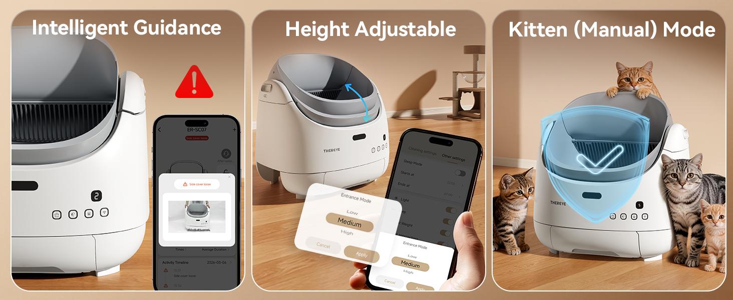 (SC07)Thereye Automatic Litter Box, Self Cleaning Litter Box for Multiple Cats, APP Control and Safety Sensors, Odor Control, Open-Top Smart Cat Litter Box with Trash Bags/Litter Mat