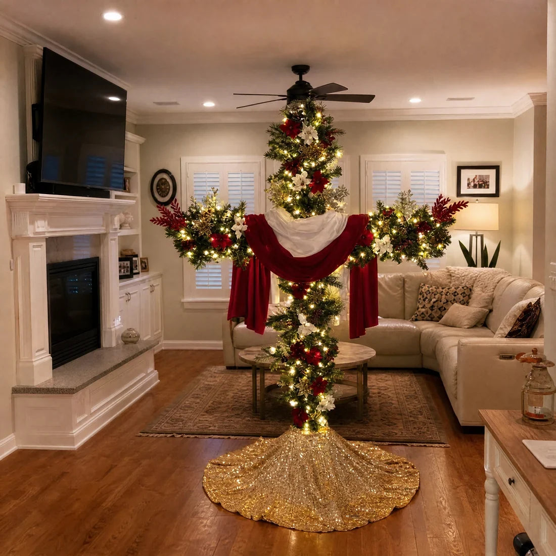 Cross-shaped Christmas tree displayed in a living room with additional styled holiday decorations
